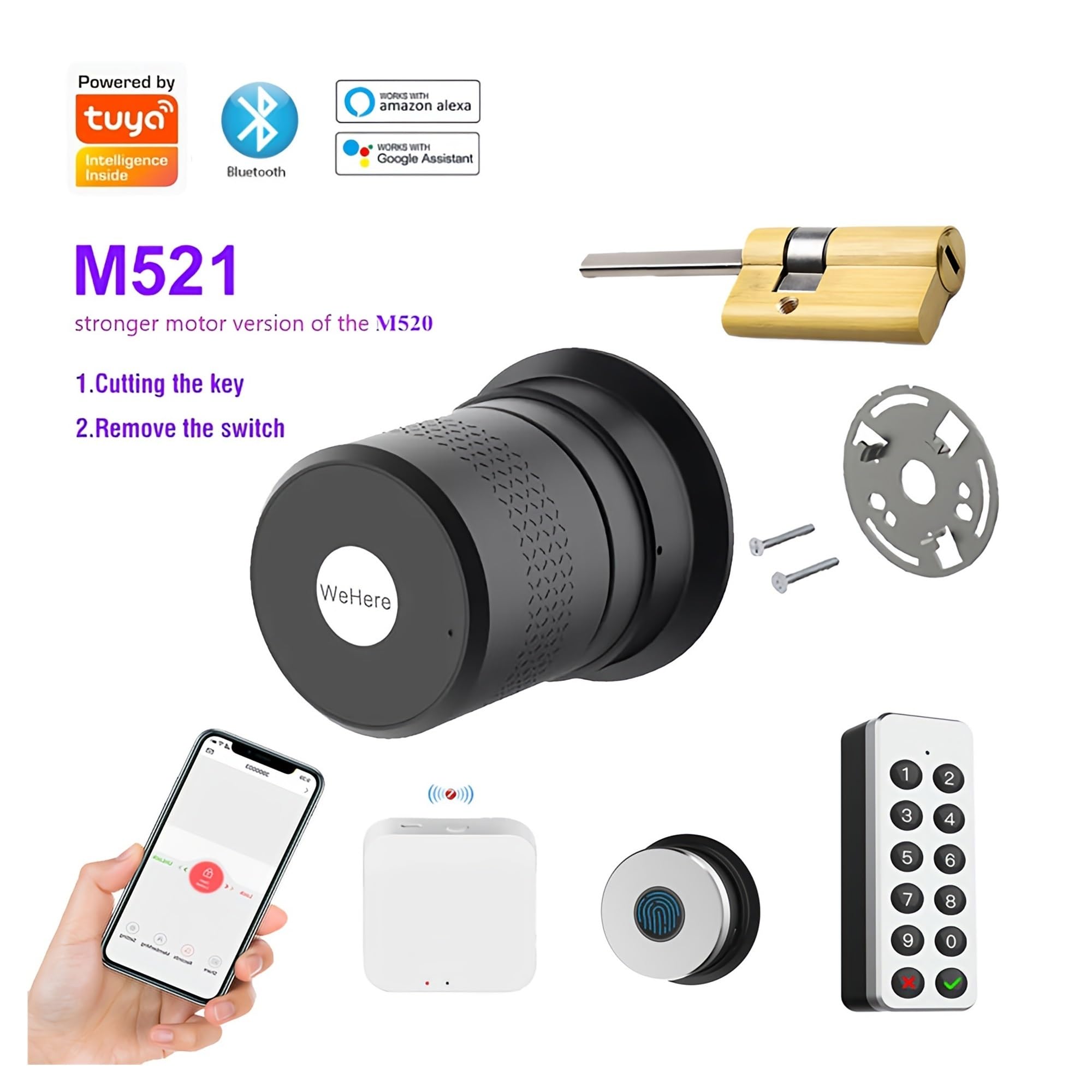 Inteligentna blokada, blokada linii papilarnych. Inteligentny zamek do drzwi Tuya elektroniczny Cylinder linii papilarnych M521 Bluetooth dla grubości 50-100mm wsparcie drzwi Alexa Smartlife(M521 and
