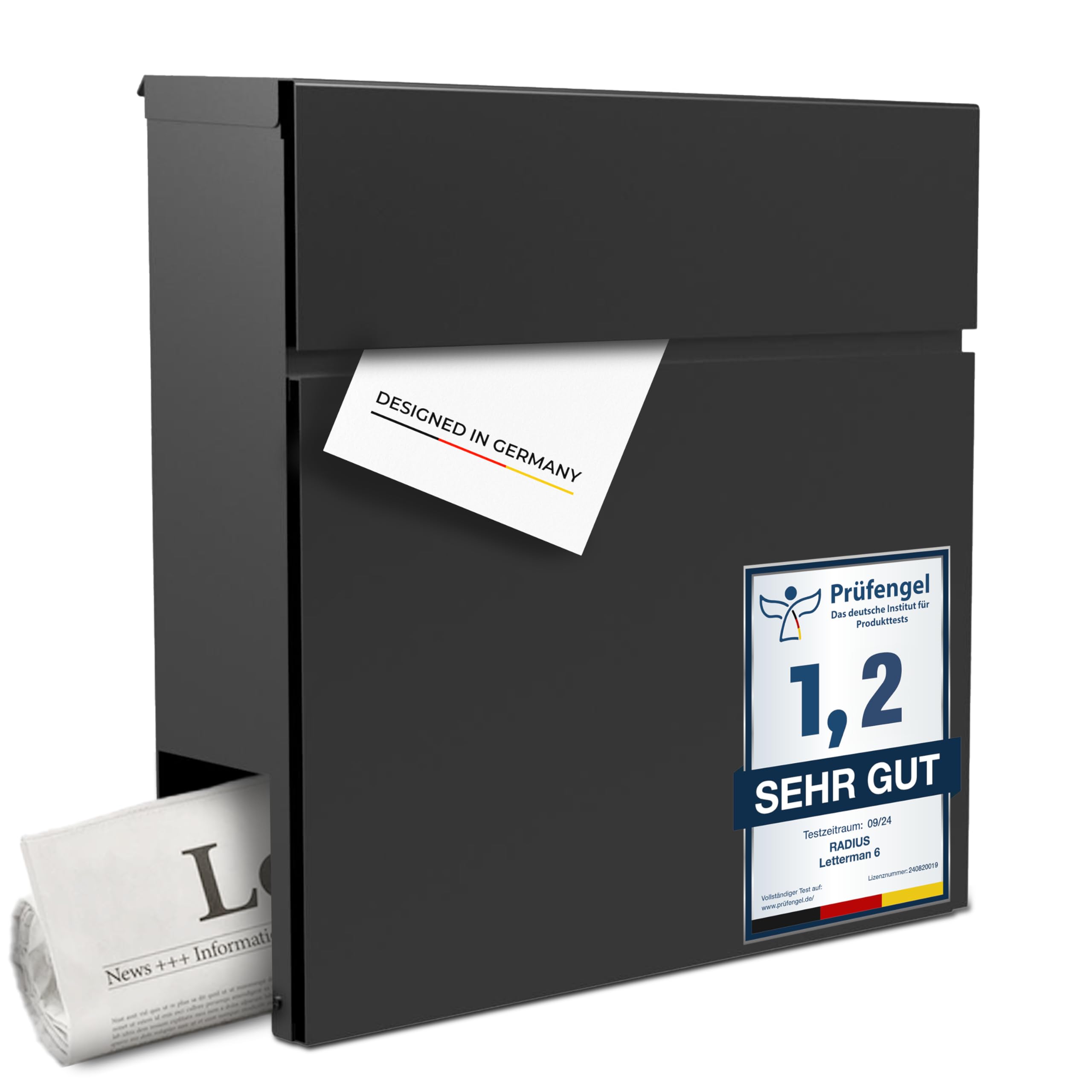 Radius Design Anthracite (Basic) Radius® Designer Letterman 6 Letter Box Anthracite With Mounting Material - Stainless Steel Powder Coating With Newspaper Compartment