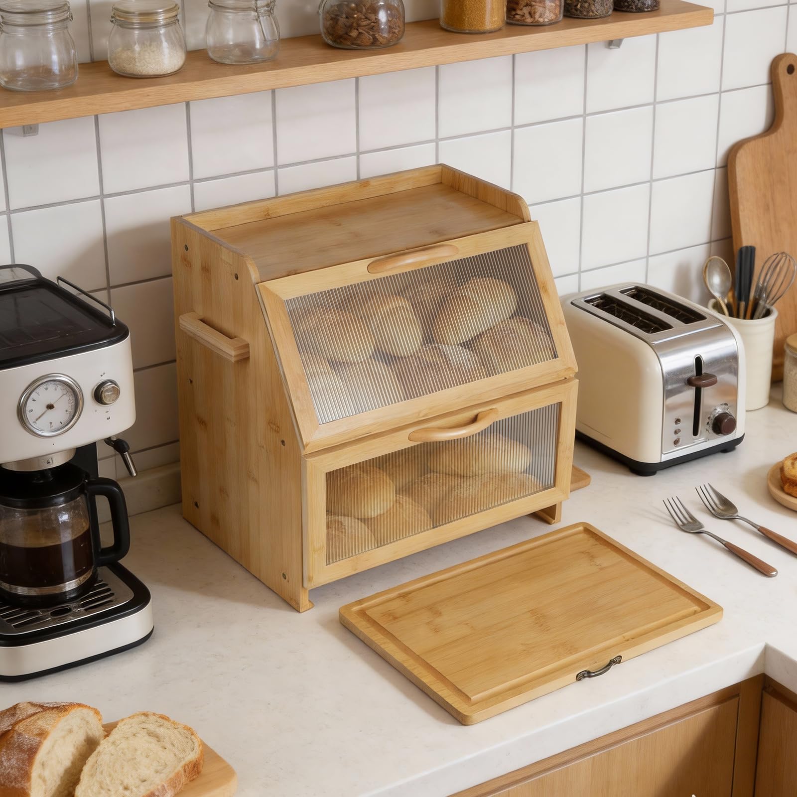 Brotkasten Bambus, Doppelte Schicht Brotbox mit Schneidebrett und Sichtfenster, Brot Aufbewahrungsbox Brotbehälter für Hörnchen, Brötchen, Brotaufbewahrung, 38 x 27 x 39 cm, Natur