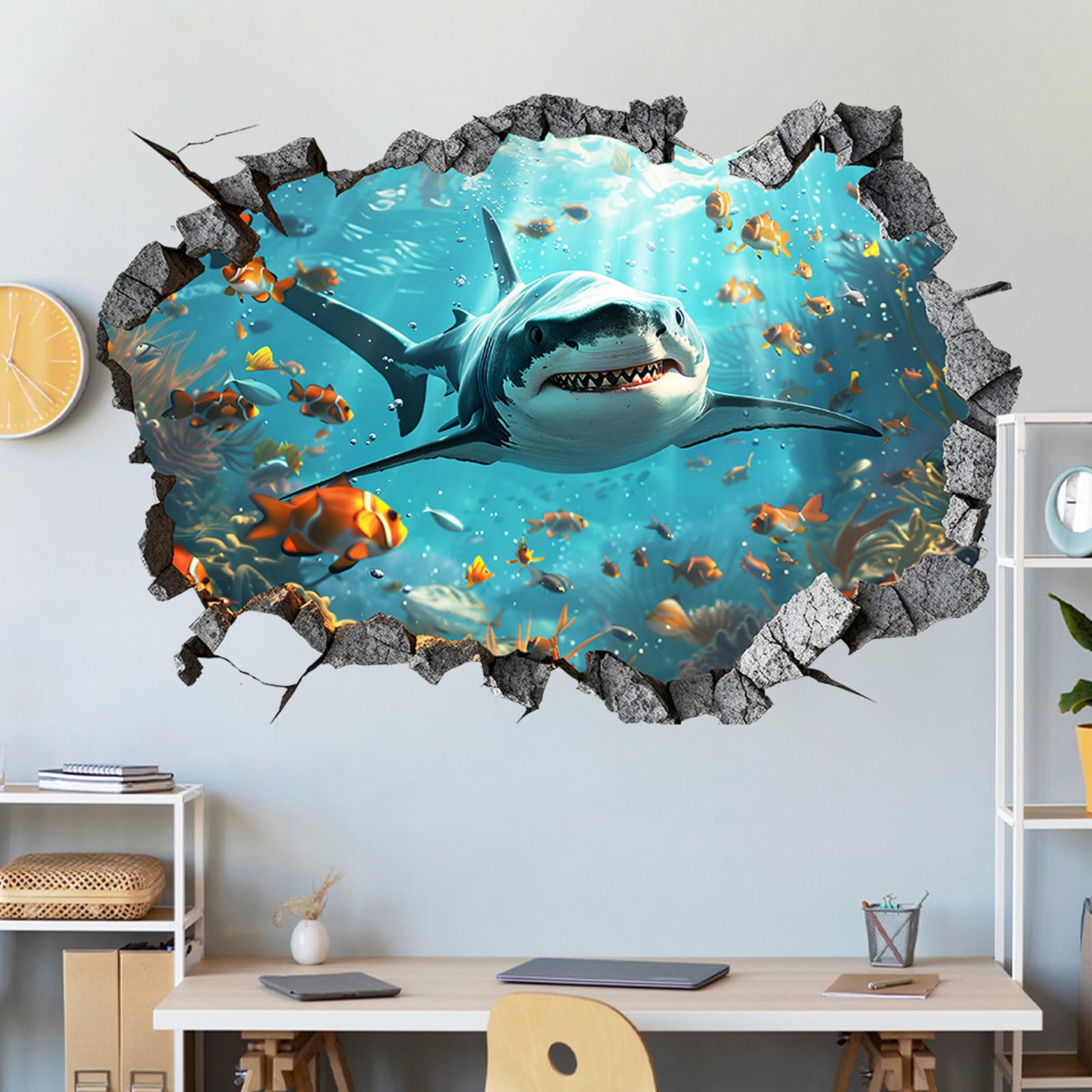 3D Wandaufkleber Unter dem Meer Hai Wandtattoos, Selbstklebende Wandtattoos für Kinderzimmer Jungenzimmer Babyzimmer Schlafzimmer Badezimmer Einkaufszentrum Wand Tür Glasdekoration,Ozeanwelt