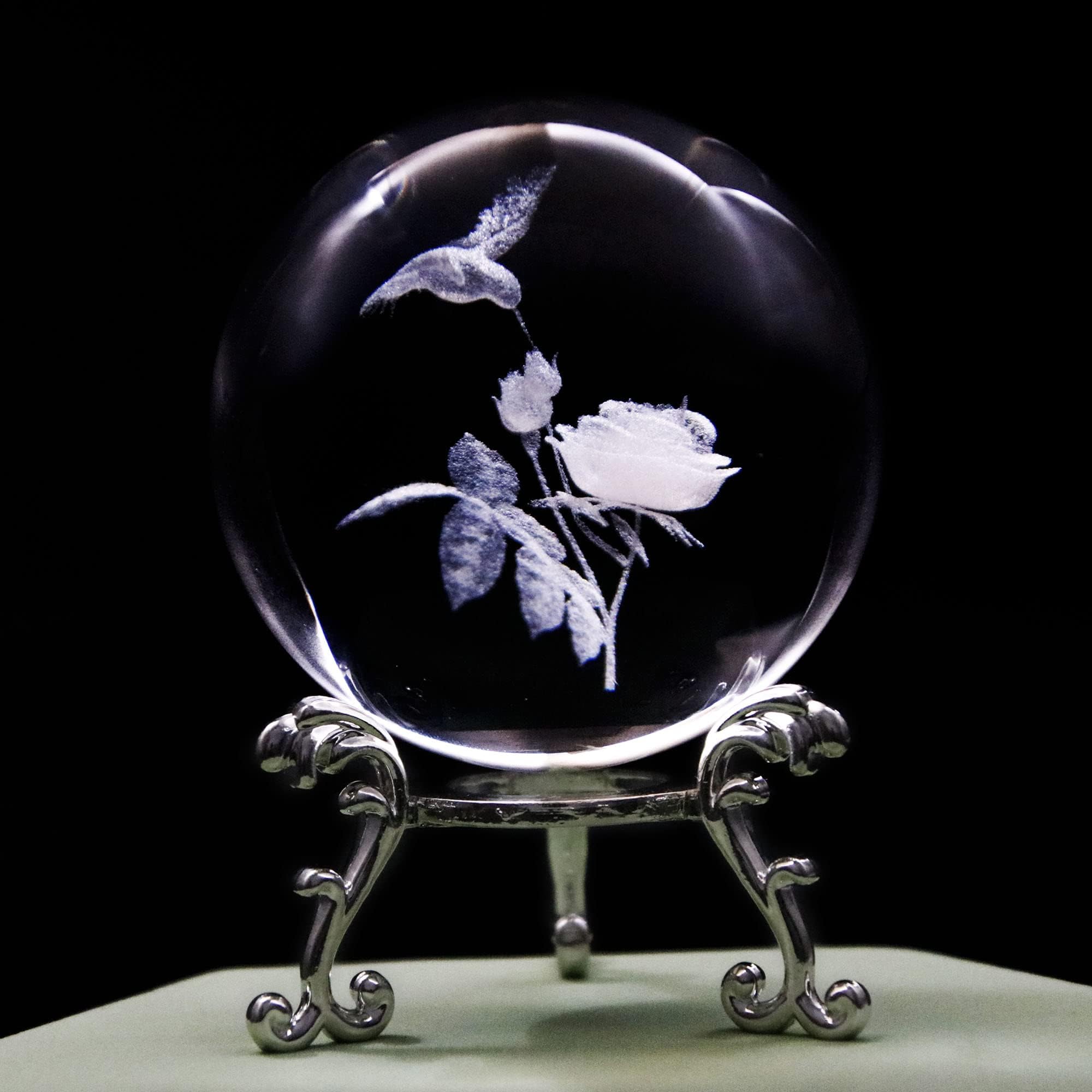 60mm 3D Hummingbird Crystal Ball Paperweight Laser Engraved Humming Bird Figurine Glass Sphere Crystal Globe with Stand