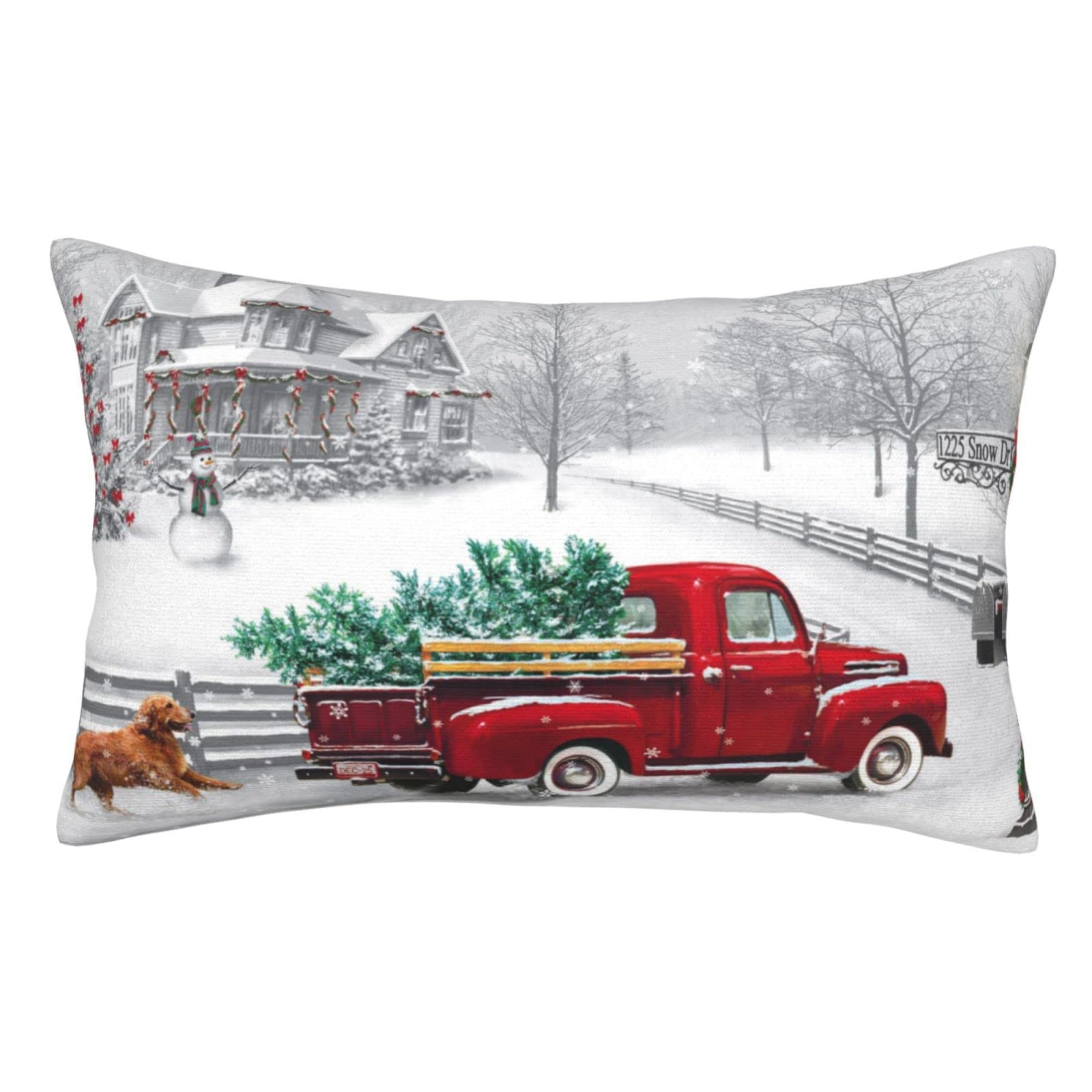Jbralid Vintage Farmhouse Christmas Pillowcase Red Truck and Pet Dog Winter Pillow Cover Cotton Linen Hidden Zipper Design