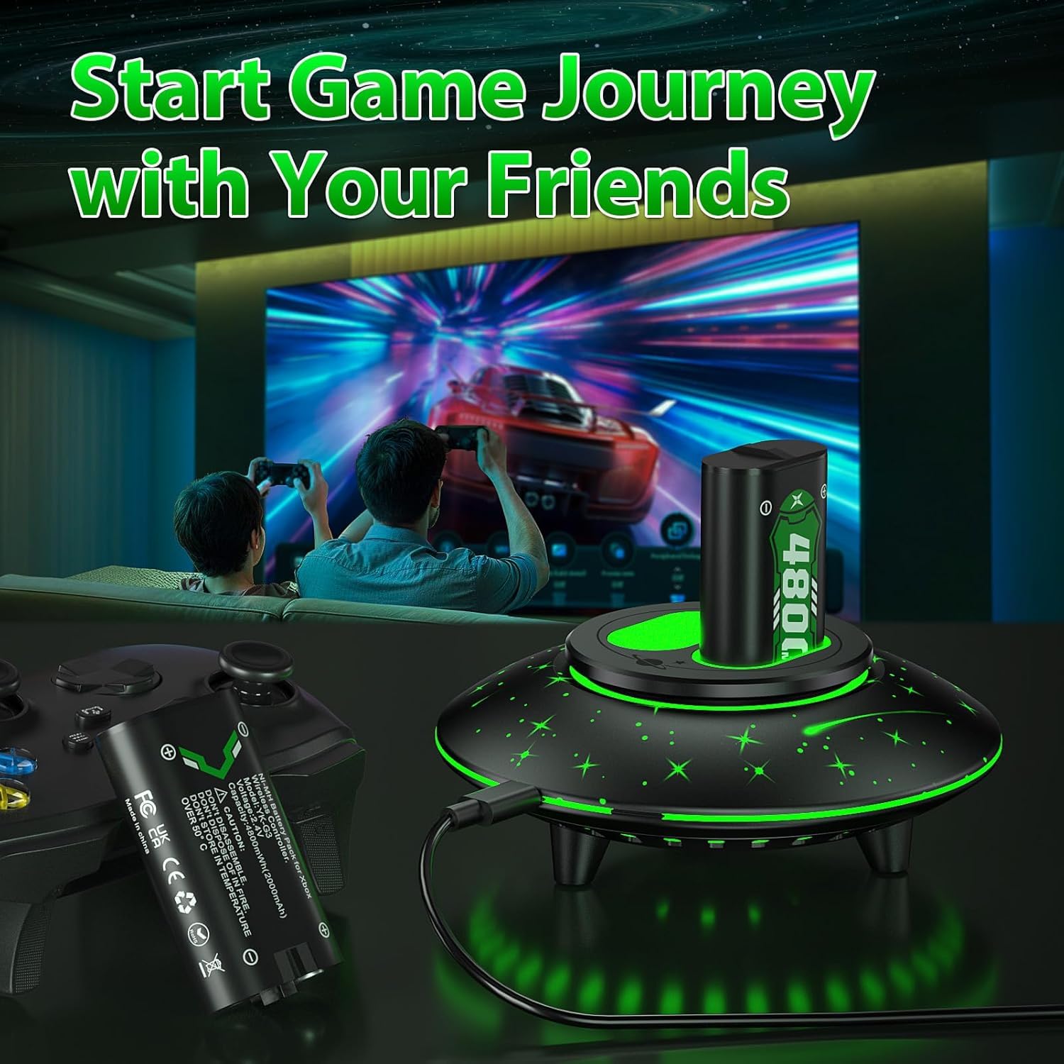 Batteria per Xbox One/Xbox Series X/S,6 Modalità LED RGB Colorful Stazione, 2 * 4800mWh Batteria per Xbox Series X/S/Xbox One/One S/X/One Elite Controller