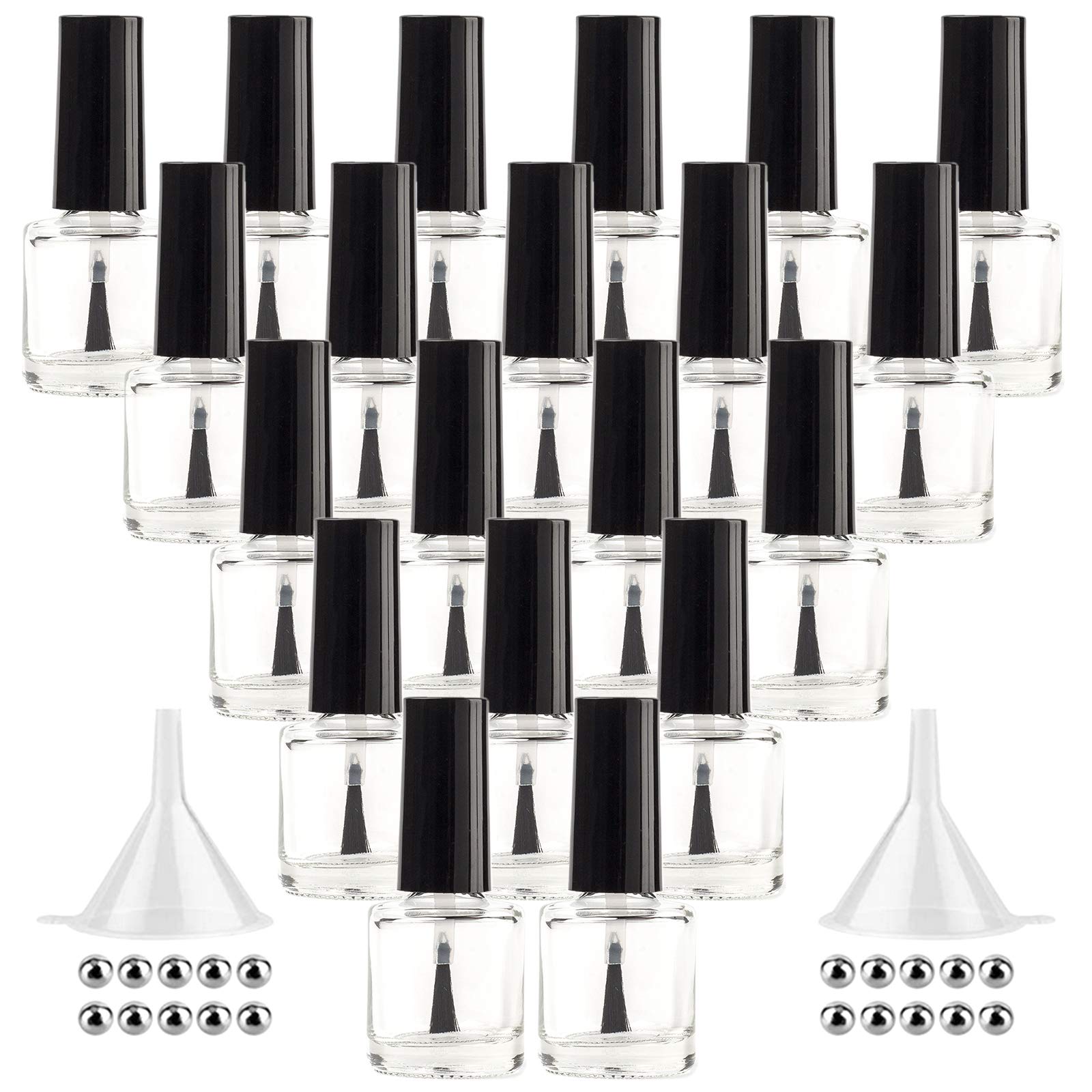 GTHER 20PCS Empty Nail Polish Bottles, Clear Glass Refillable Bottles Container with Brush Cap & Funnel & Mixing Balls for Nail Art (10ML)