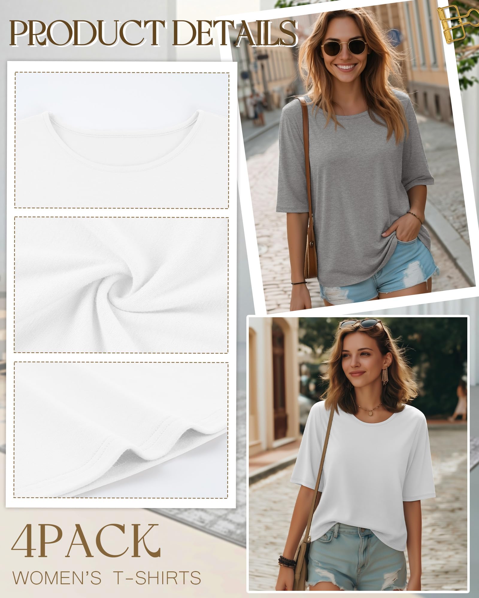 Neer Lot de 4 T-Shirts à Manches Courtes pour Femmes, Longueur Coude, Col Rond, Basiques en Coton, Blouses d'Été