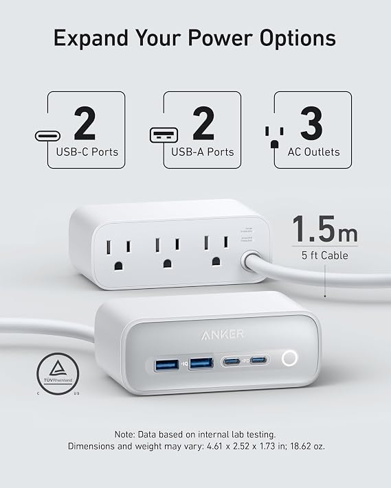 Anker 525 Charging Station, 7-in-1 USB C Power Strip for iphone13/14, 5ft Extension Cord with 3AC,2USB A,2USB C,Max 65W Power Delivery Desktop Accessory for MacBook Pro, Home, Office (Aurora White)