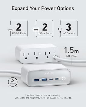 Anker 525 Charging Station, 7-in-1 USB C Power Strip for iphone13/14, 5ft Extension Cord with 3AC,2USB A,2USB C,Max 65W Power Delivery Desktop Accessory for MacBook Pro, Home, Office (Aurora White)
