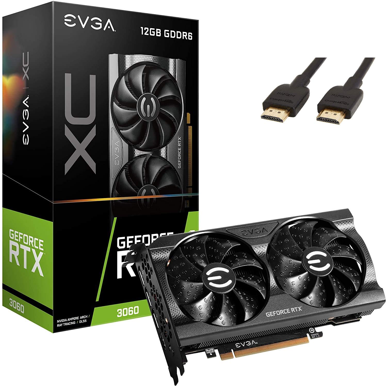 EVGA GeForce RTX 3060 XC Gaming 12GB GDDR6, 12G-P5-3657-KR, Metal Backplate, Dual-Fan W/ HDMI Cable Bundle