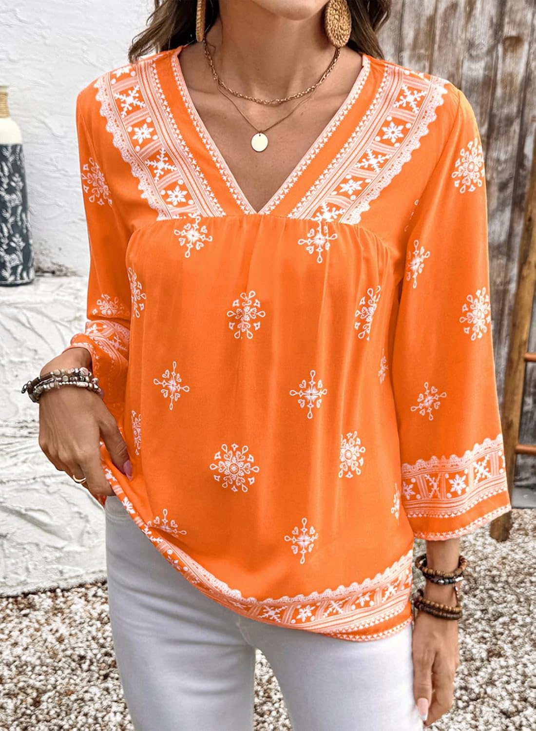 SHEWIN Womens Summer Tops Casual Retro Print V Neck 3/4 Sleeve Boho Vacation Blouses Shirts - Image 7