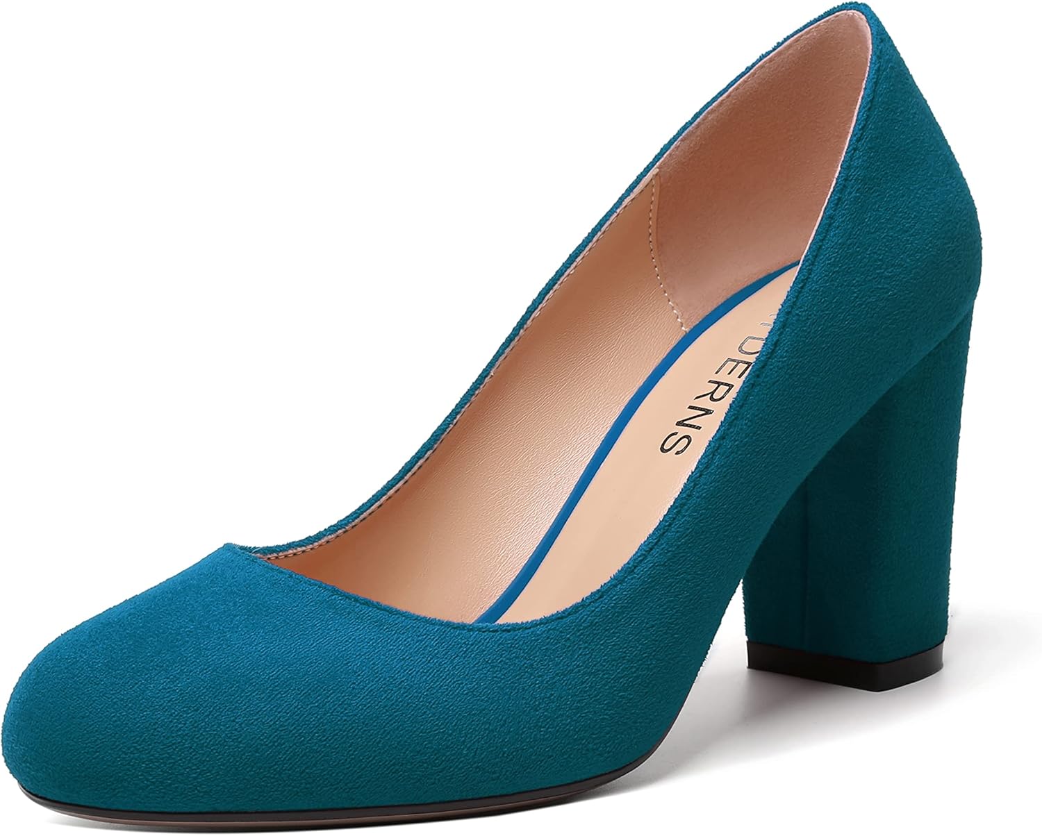 WAYDERNS Womens Suede Round Toe Office Solid Slip On Fashion Block High Heel Pumps Shoes 3.3 Inch