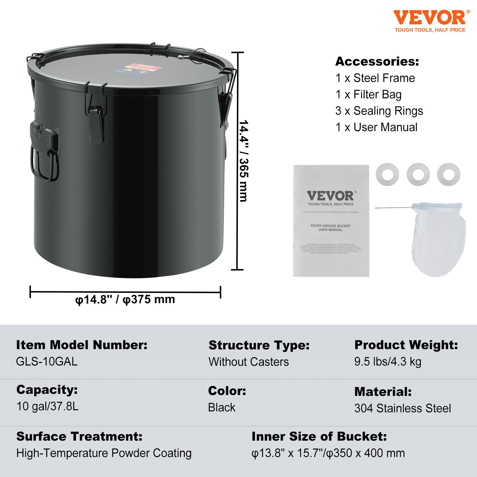 VEVOR Secchio per Grasso per Friggitrice, Contenitore per Smaltimento Olio da 10 Gal Acciaio Inox, Contenitore per Trasporto Olio con Coperchio, Clip di Chiusura, Nero