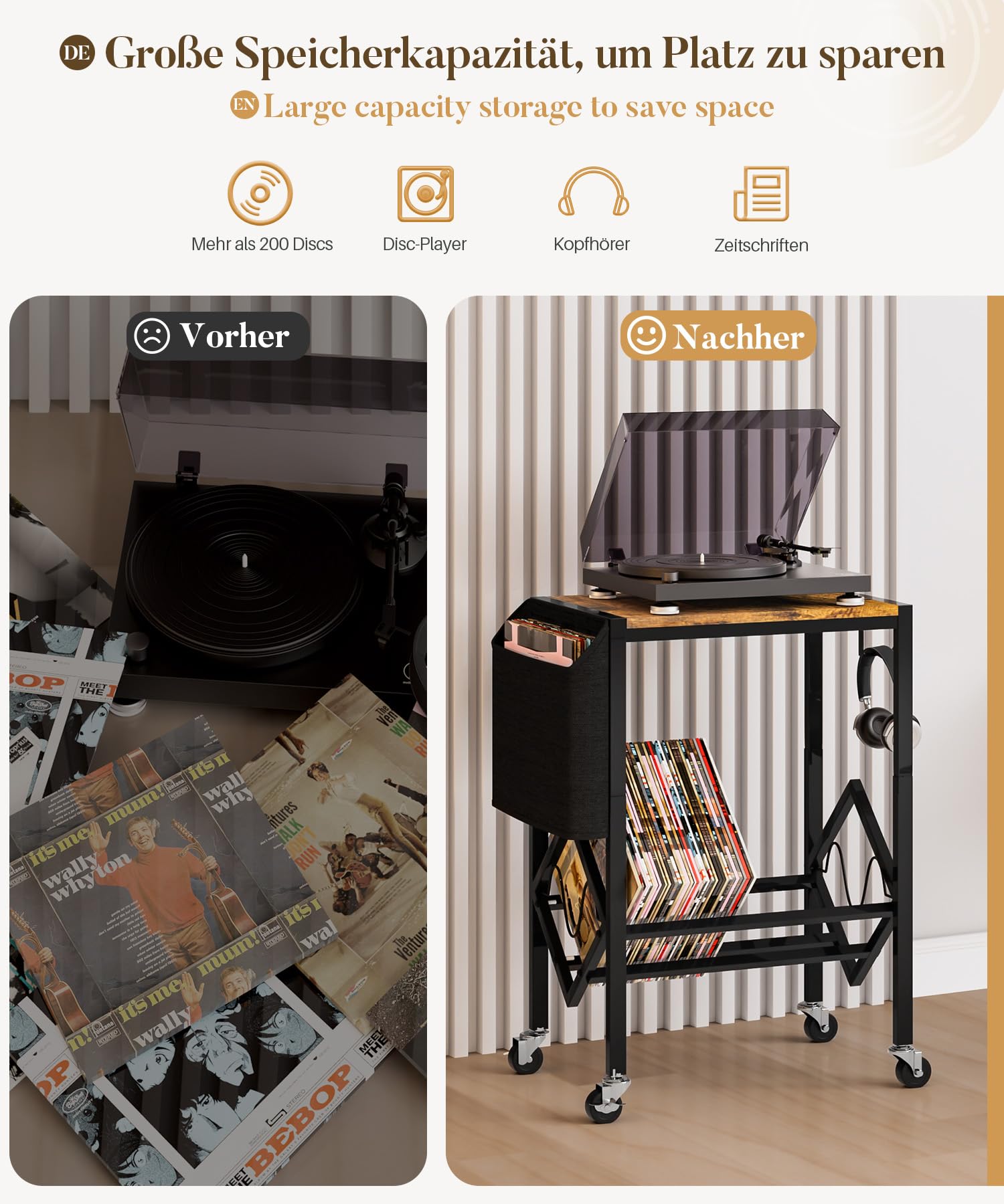 Yorbay Support pour Tourne-disques Vinyles avec Sac d’Organisation Table de Platine 2 Niveaux pour 200 Albums Disques CDs Cadeau pour Amateur de Musique Salon Chambre à Coucher - Noir