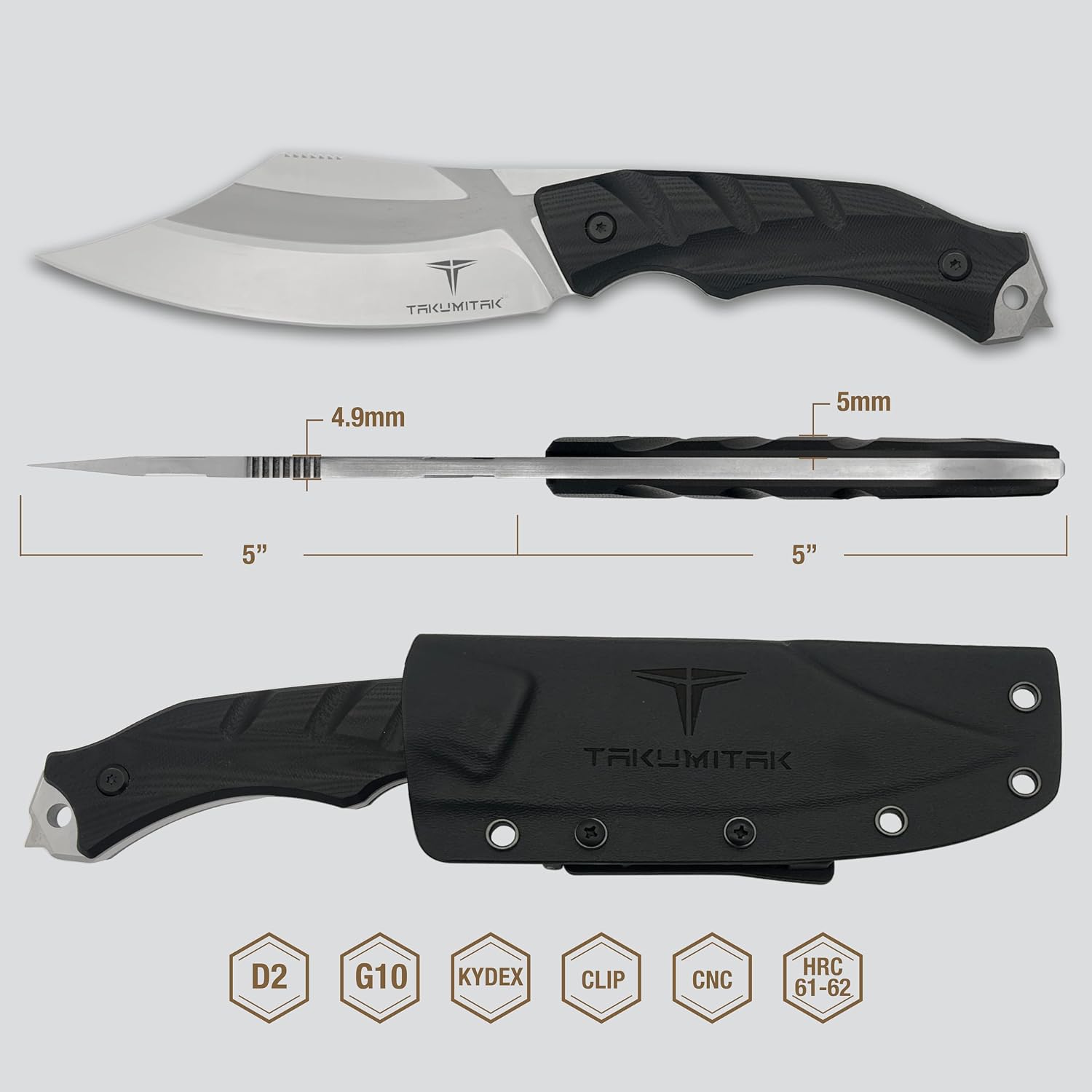 Tactical Knife Hunting Knife Survival Knife D2 Clip Point Blade G10 Handle Kydex Sheath Molle Clip Fixed Blade Knives Camping Accessories Camping Gear Survival Kit Survival Gear And Equipment Tactical Gear Hunting Gear EDC Knife EDC Gear 40161 (Silver TKF210SL)
