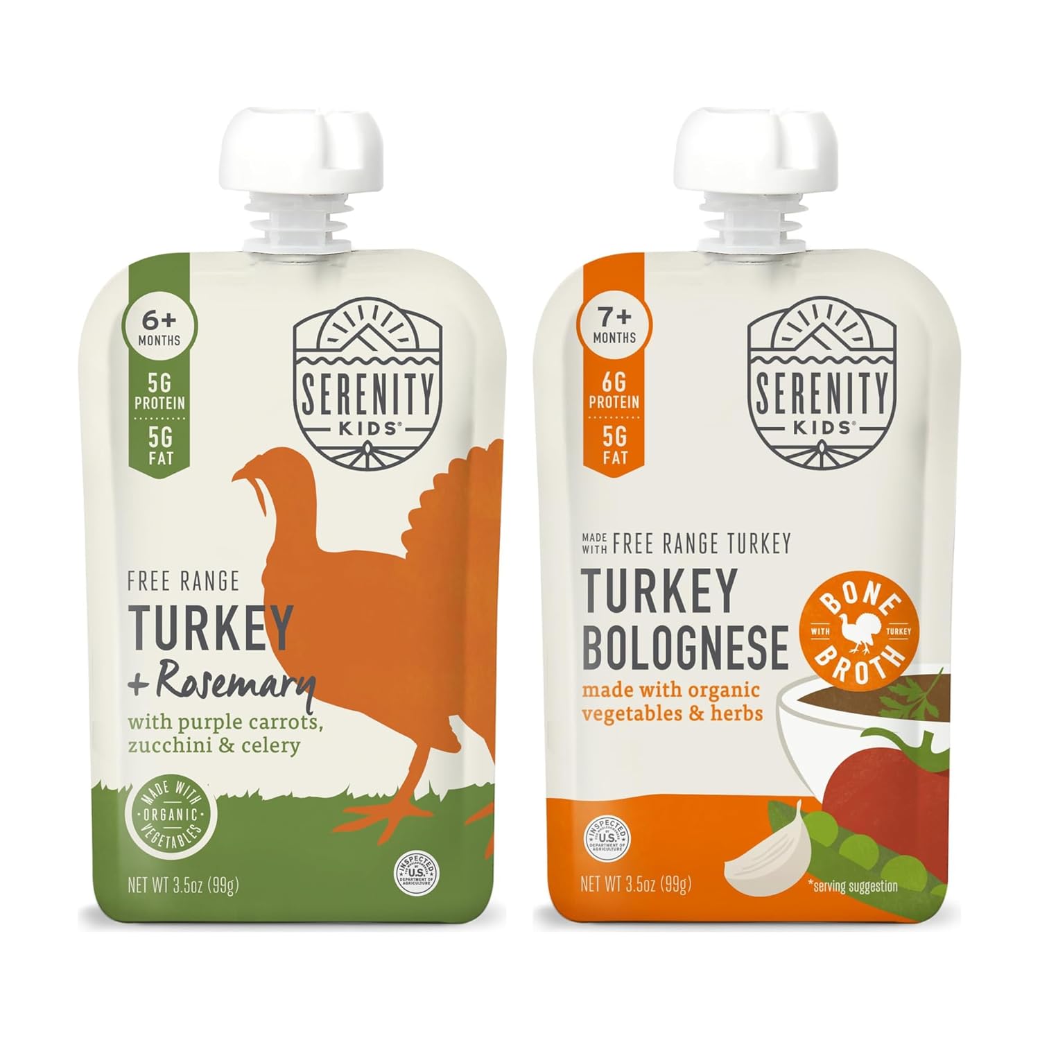 Serenity Kids Free Range Turkey Baby Food Pouches Variety Bundle - Rosemary Puree & Bolognese Bone Broth - 5g Protein Toddler Snacks - 3.5 Oz, Pack of 24, 6+ Months