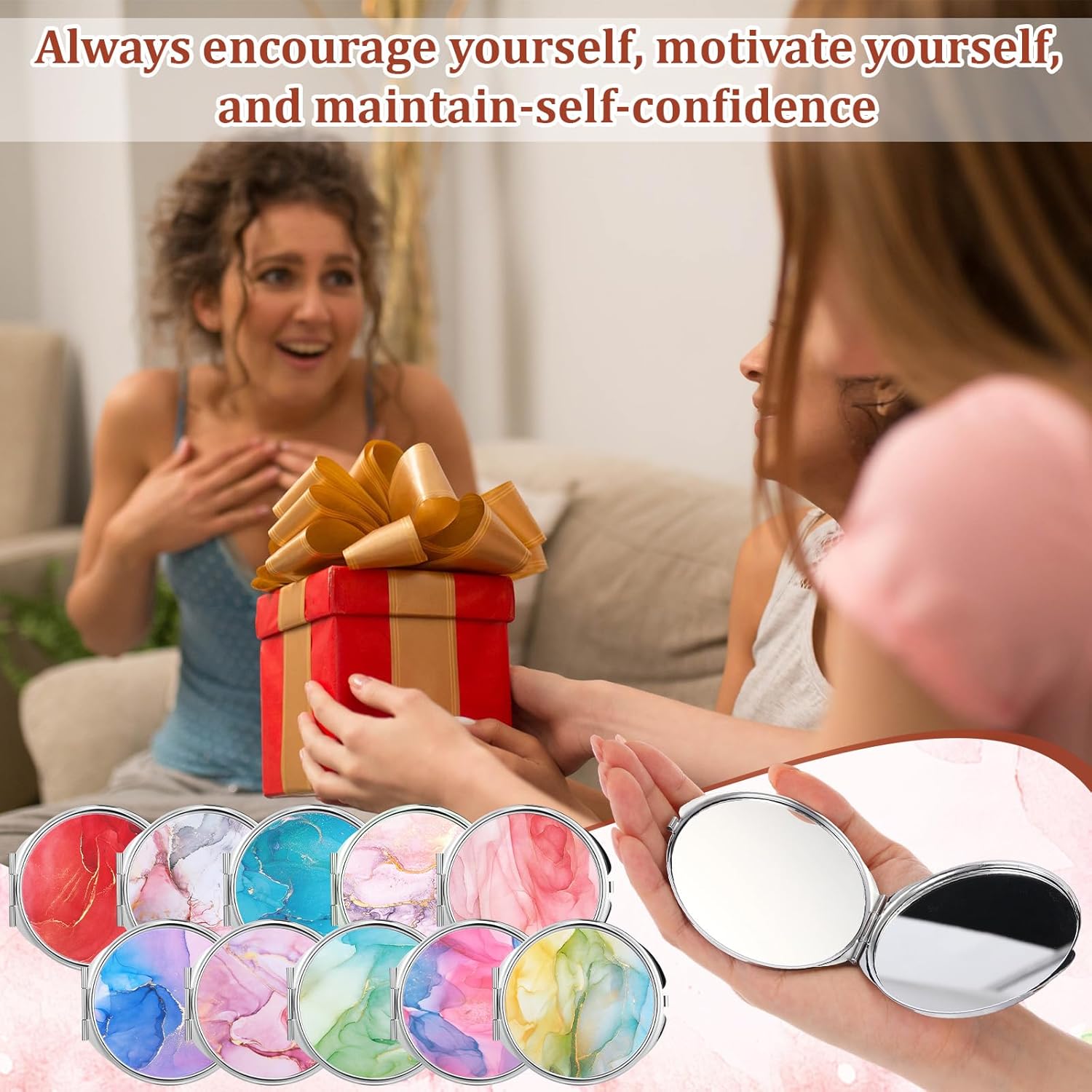 Sliner 10 Pcs Inspirational Compact Folding Mirror Bulk, Marble You're Awesome Reminder Mirrors, Small Portable Makeup Mirror for Pocket Purse Gift for Women Employee Coworker Friends