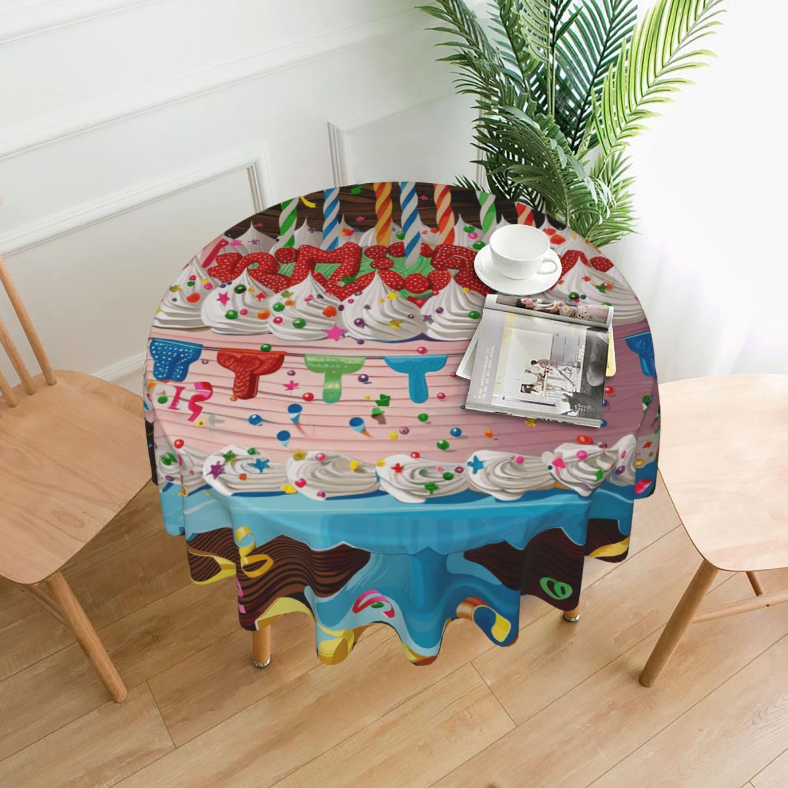 WPKJU Happy Birthday Big Cake Printed Round Tablecloth 60 in Water Resistant Table Cover Washable Table Cloth for Dining Tables