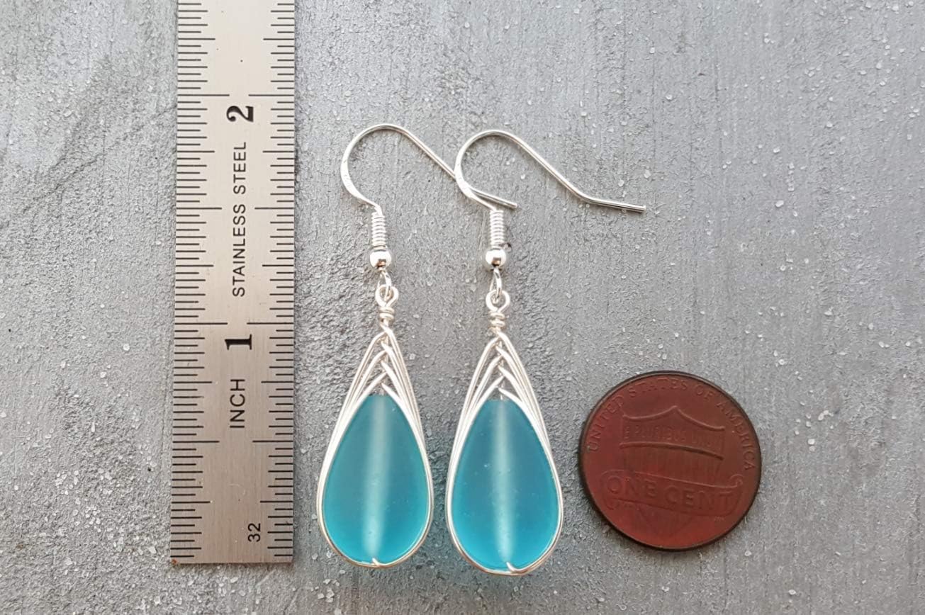 Yinahawaii Handmade Sea Glass Earrings, Braided Blue Teardrop Earrings, Beach Glass Jewelry, Hawaiian Gift, For Women Birthday
