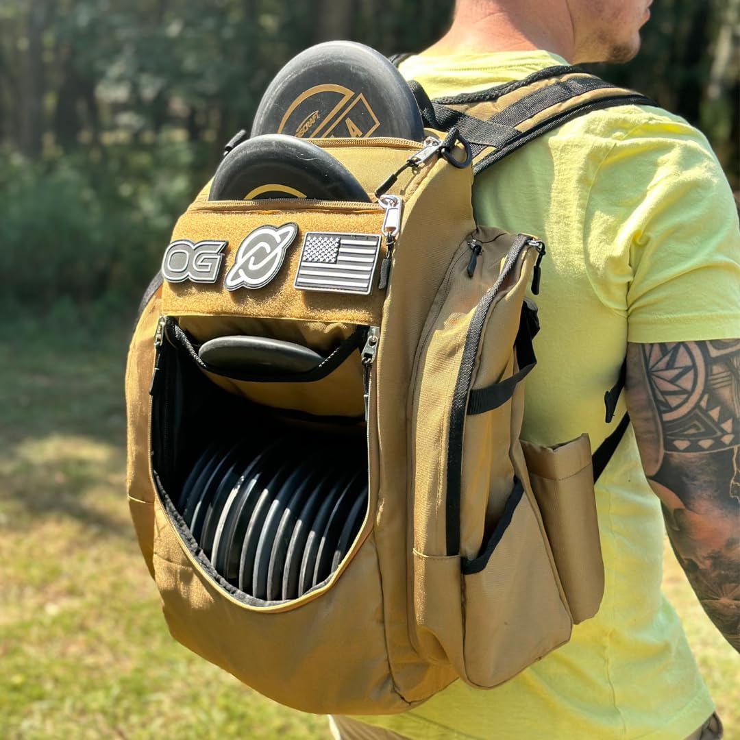 Discology Disc Golf OG V3 Disc Golf Bag | 26+ Disc Capacity | Premium Disc Golf Backpack Bag | Tough, Durable Design | 2 Large Top and Side Compartments | Top Patch Panel with Three Patchs Included