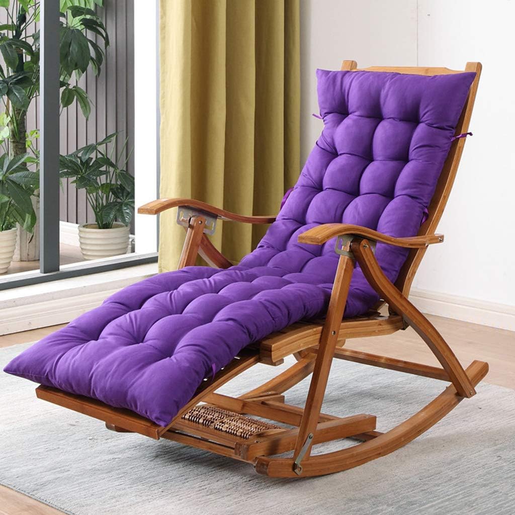 Camp Rocking Chair Foldable Wooden 5-Gear Adjustable Recliner Chair Bamboo Patio Reclining Zero Gravity Chair with Padded, Max. Support 550lbs，Purple