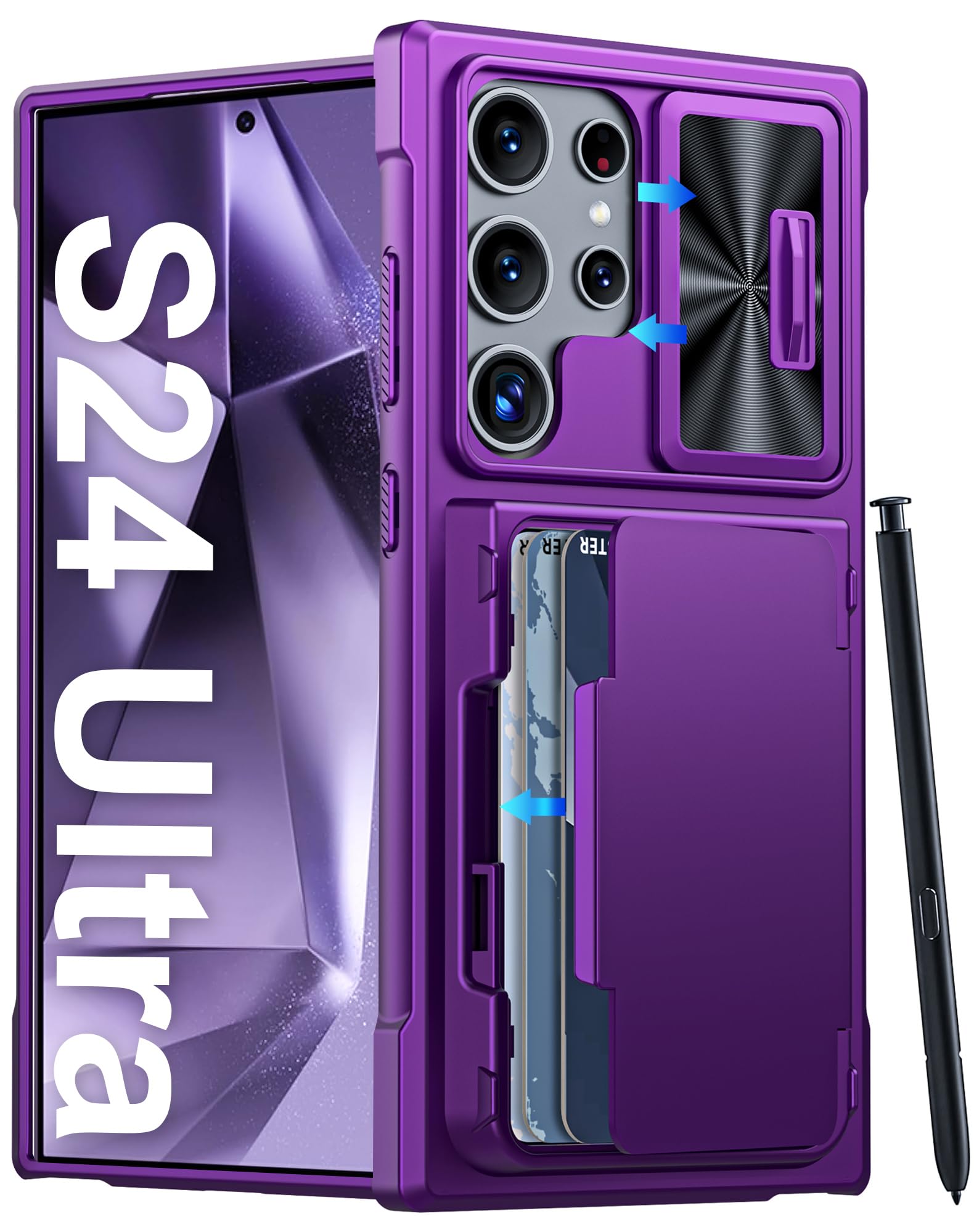 for Samsung Galaxy S24 Ultra Case Wallet, RFID Cards Holder & Camera Cover & Kickstand for Women Men, Full Body Rugged Shockproof Silicone Case for S24 Ultra 6.8" 2024 Only-Purple