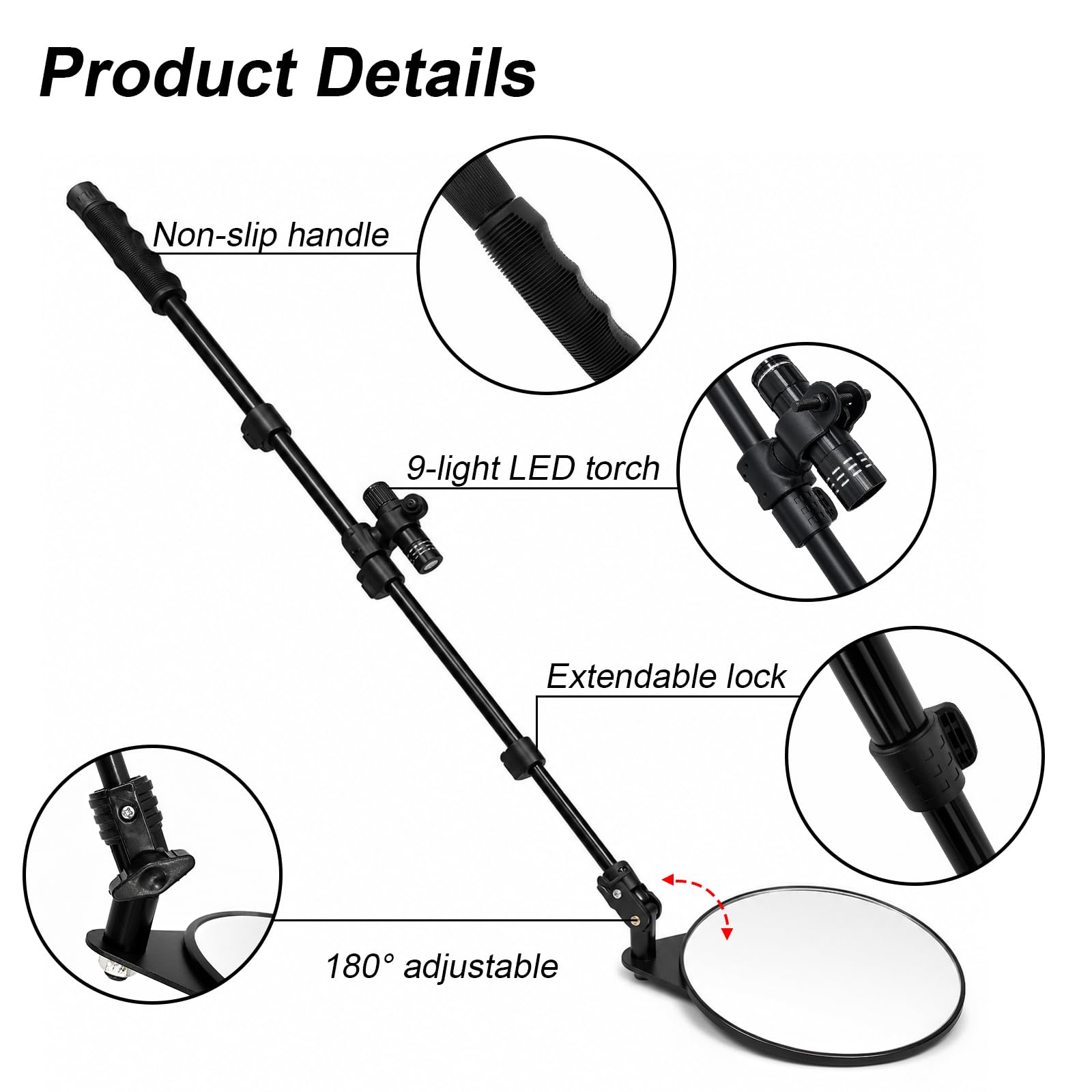 Home Care Wholesale Specchietto di ispezione telescopico per Veicoli con Manico Regolabile | Specchio di sicurezza, con luce LED, lunghezza di regolazione 40-120 cm