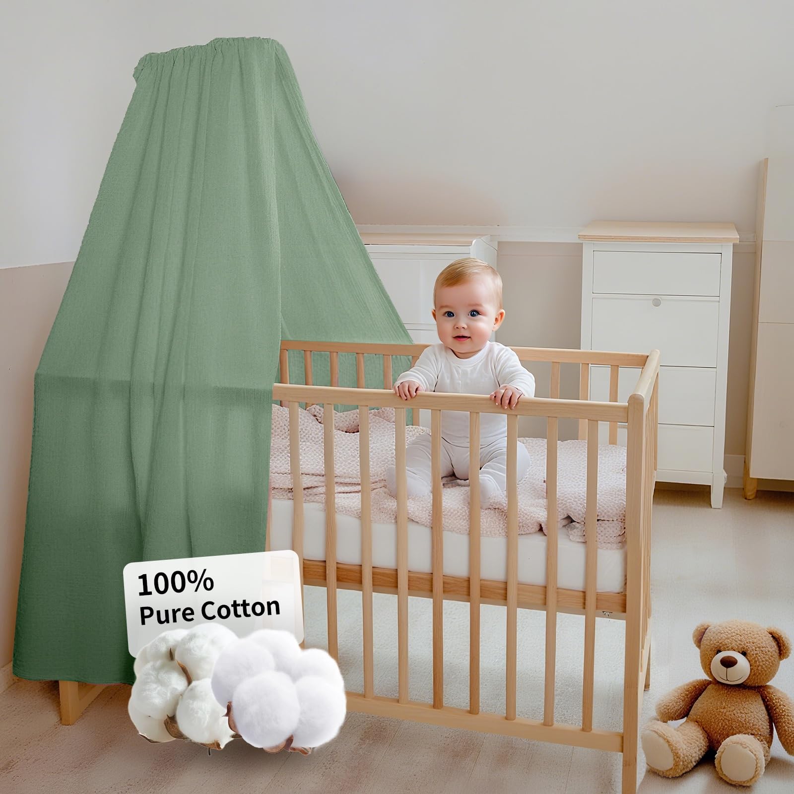 FloraVigo Babybettbezug, handgefertigt aus 100% Baumwollmusselin, Stoffbezug für die heimische Bettdekoration (ohne Bettgitter), geeignet für Jungen und Mädchen (140 x 270 cm,Eukalyptus)