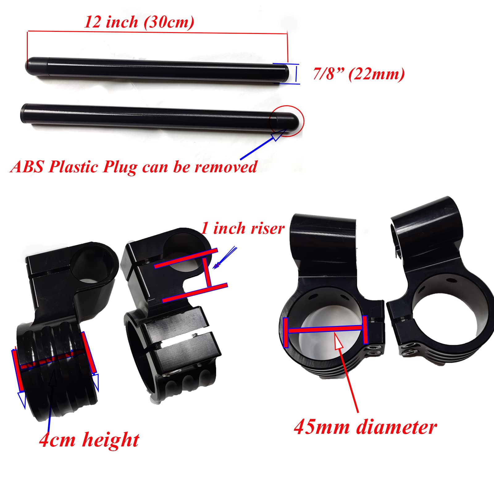 Guidon de 45 mm à clipser, élévation de 2,5 cm, adapté pour tube de fourche de 45 mm, tiges de moto de 2,2 cm, CNC Noir