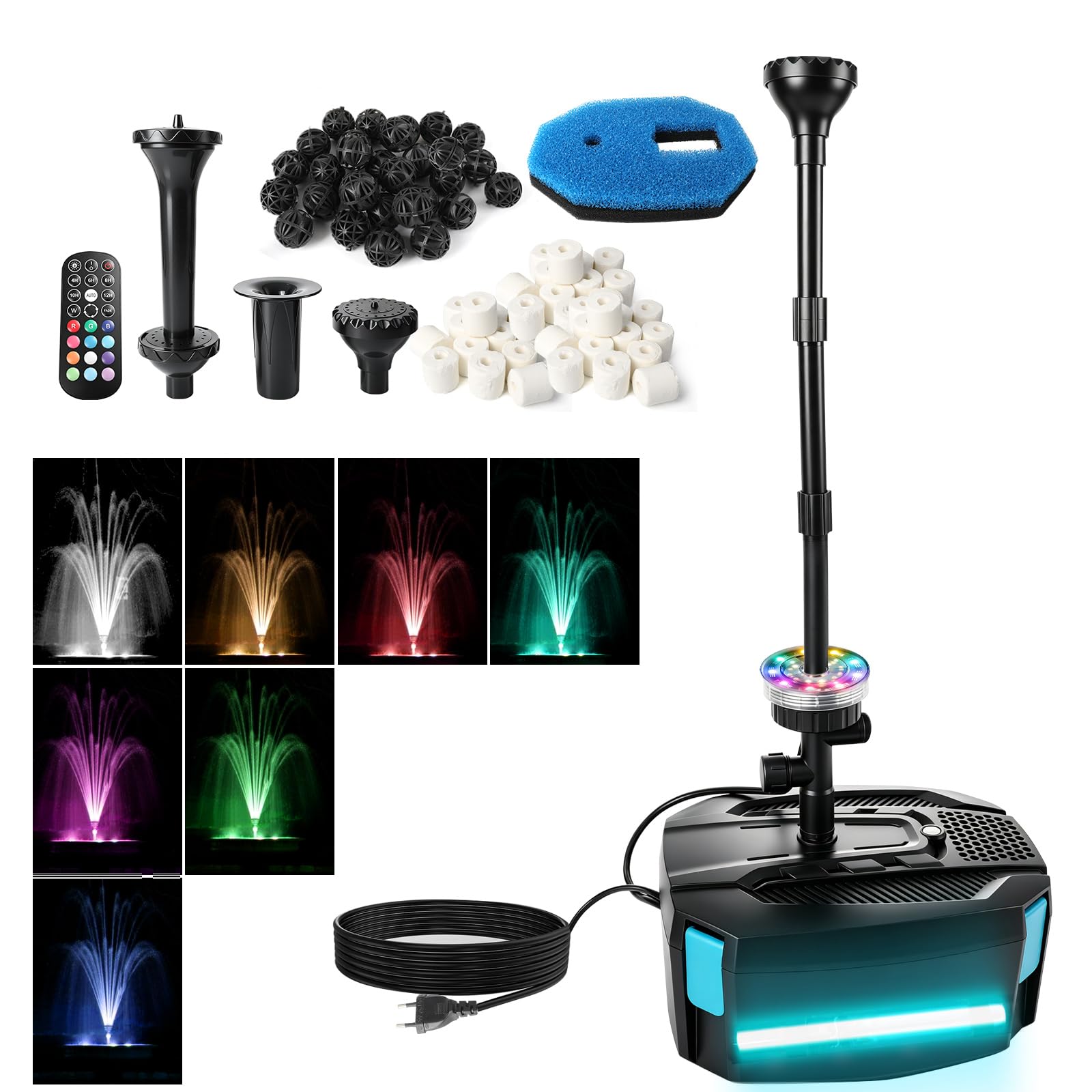 Fontana per laghetto con chiarificatore UV e luci a LED, pompa a fontana da 3300 l/h 45 W e filtro per laghetto, luci con telecomando RGB, ugelli a 3 motivi per la cura del laghetto da giardino