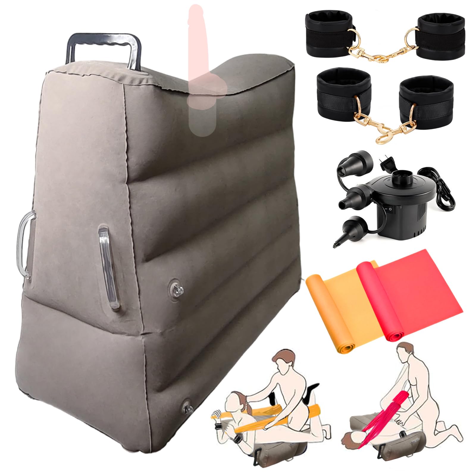 Coussin Gonflable Sexuel avec Support pour Godemiché, Coussin de Position Sexuelle avec Kit BDSM | Multifonctionnel | Menottes*4 & élastiques*2, Accessoire Portable pour l'Intérieur &l'Extérieur