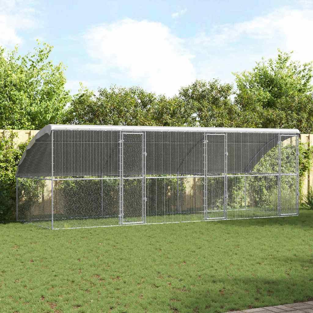 Klatka dla kurcząt, 3 sztuki, srebrna, ocynkowana stal, 600 x 200 x 200 cm, odporna na warunki atmosferyczne, wybieg zewnętrzny z wodoszczelnym dachem i zamykanym systemem ryglowania zapewnia
