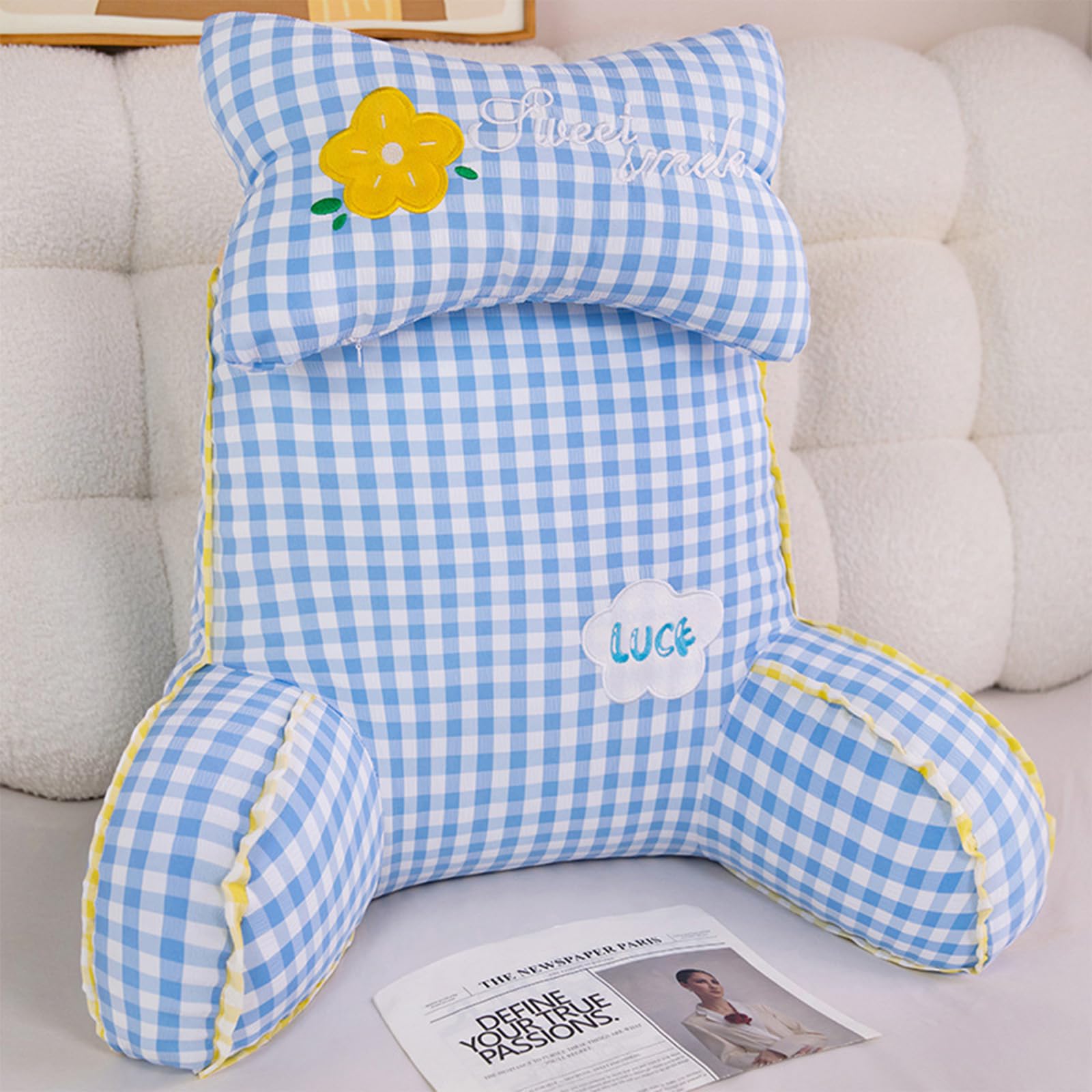 Almohada de Lectura para Sentarse en la Cama, sofá, Respaldo con Soporte para Brazos y Bolsillos Laterales para Adultos y Adolescentes, Descansar, Leer Ver televisión,Blue-65 * 55cm