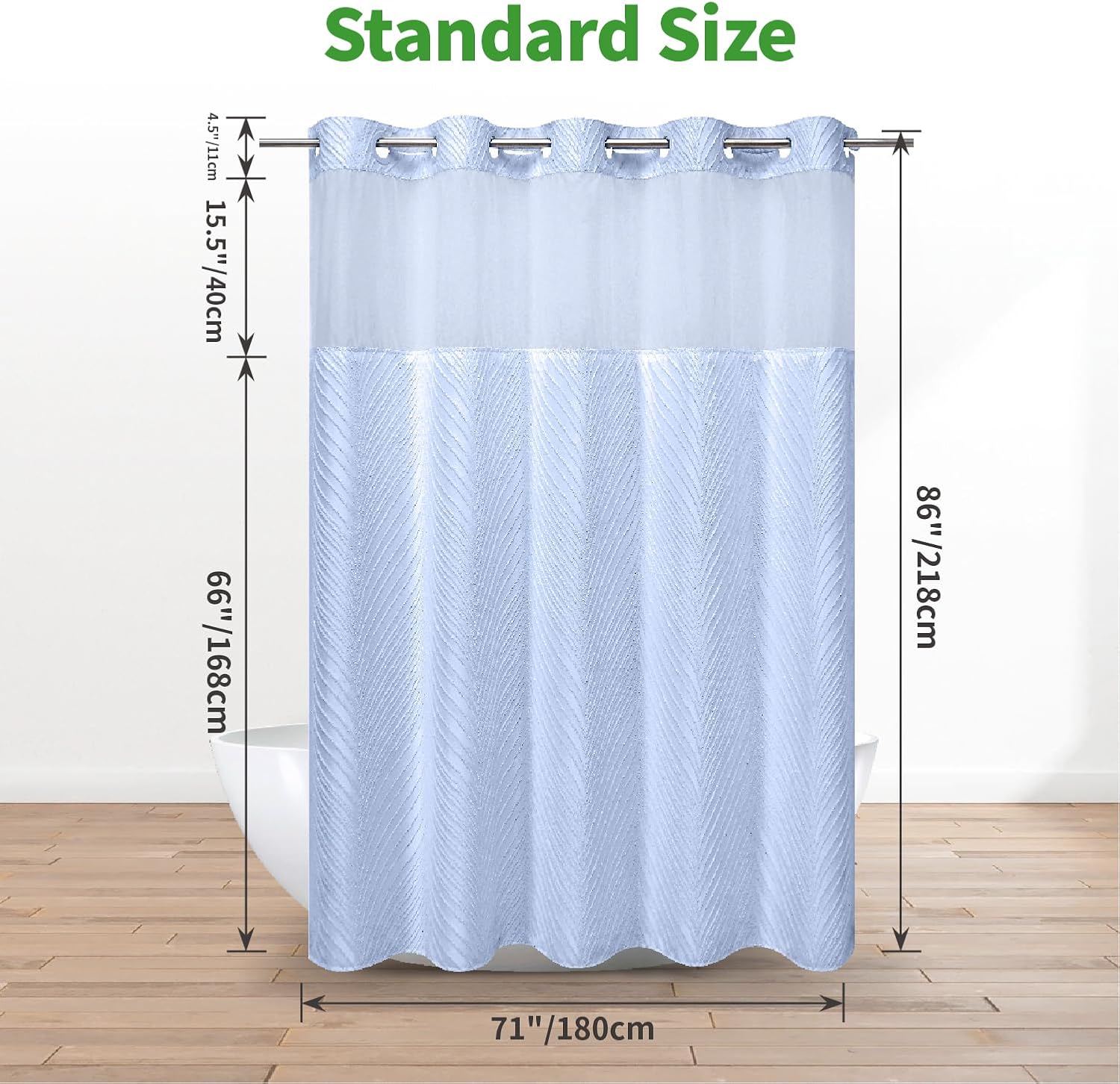 no Hook Shower Curtain and Liner Set，Boho Style with See Through Top Window, Blue Fabric Tufted Striped Textured Outer Curtain & Waterproof Inner Liner, FrostBlue, 71Wx86H