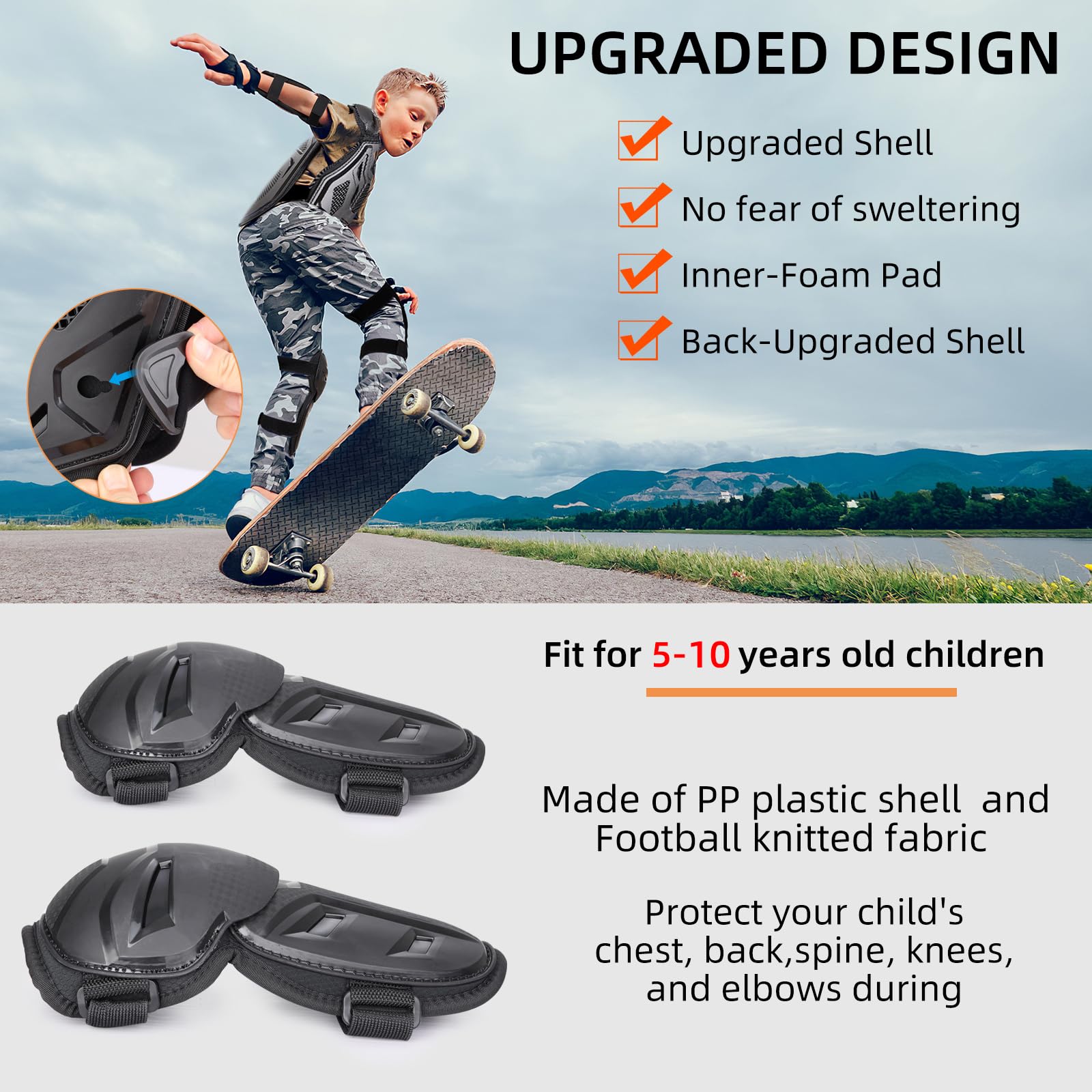 PELLOR Brustpanzer Kinder Motorradjacke Schutzweste mit Knieschoner Ellenbogenschoner, MTB Protektoren für 5-10 Jahre alt Kinder Protektorenjacke für Reiten Ski Snowboard Motocross Sport