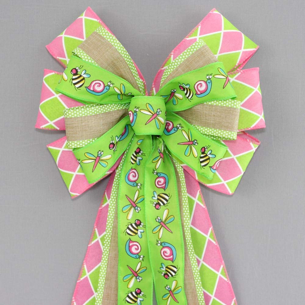 Whimsical Garden Bugs Harlequin Spring Wreath Bow