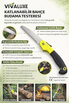 Katlanabilir Bahçe Budama Testeresi, Fosforlu Sarı Ergonomik Sap, Paslanmaz Çelik Bıçak, Ağaç Dalı ve Kamp İçin El Testeresi