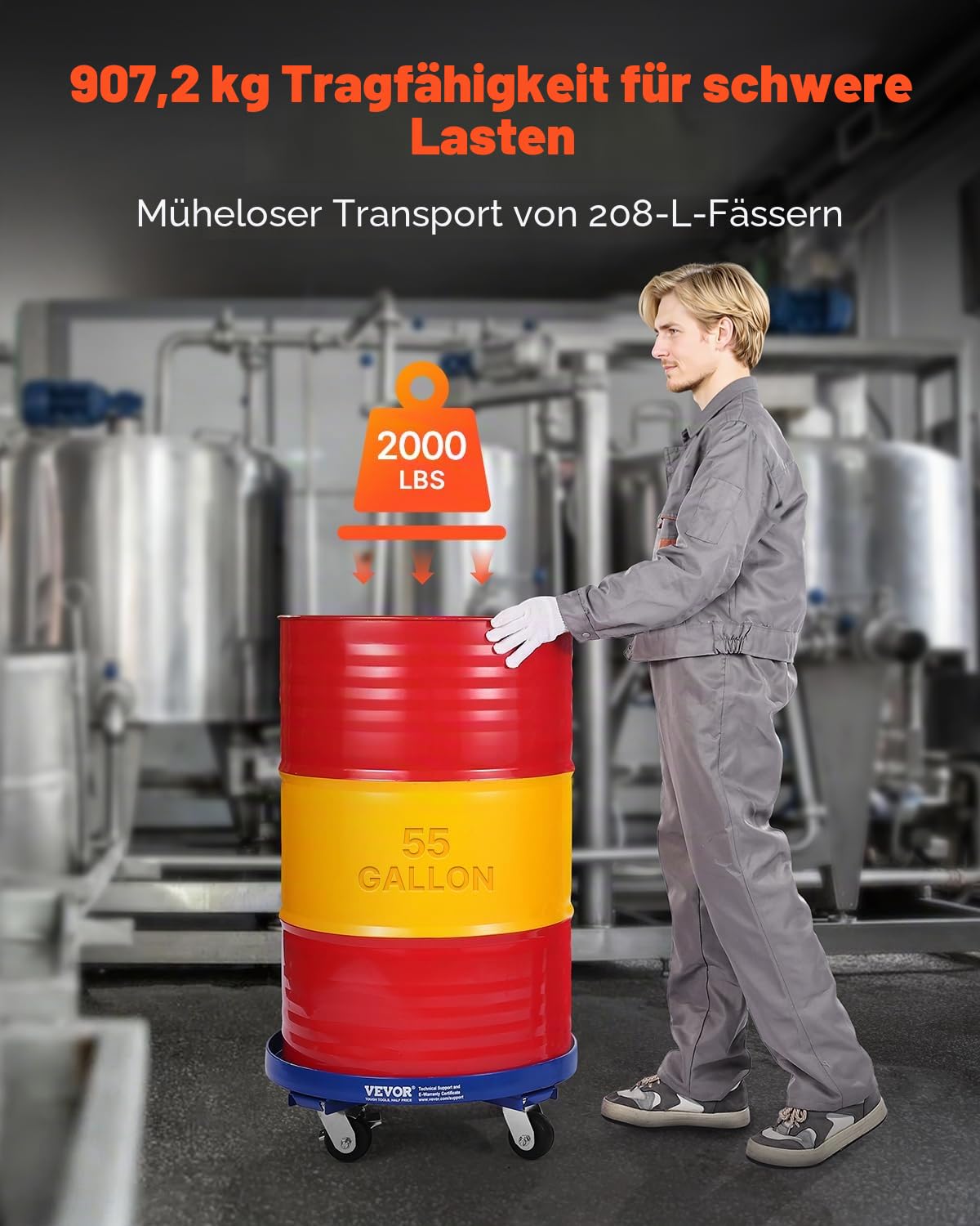 VEVOR Fassroller für 55 Gallonen, 907 kg Tragkraft, Ø615x188mm Transportroller mit Querstreben & 4 Lenkrollen, Kippsicherer Rollwagen für die Handhabung von Fässern im Lager, Blau