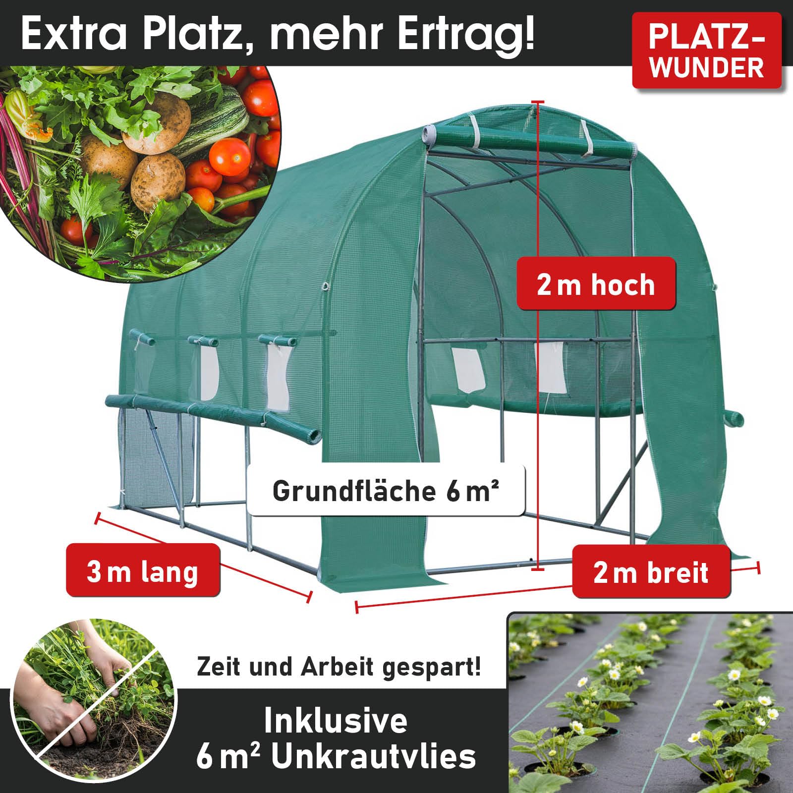 BRAST Gewächshaus Foliengewächshaus mit Stahlfundament | 2x3m - 3x8m | inkl. Erdanker Unkrautvlies & aufrollbare Seitenwände mit Moskitonetz | UV-stabilisierte Gitterschutzfolie 200g/m² | 200x300cm