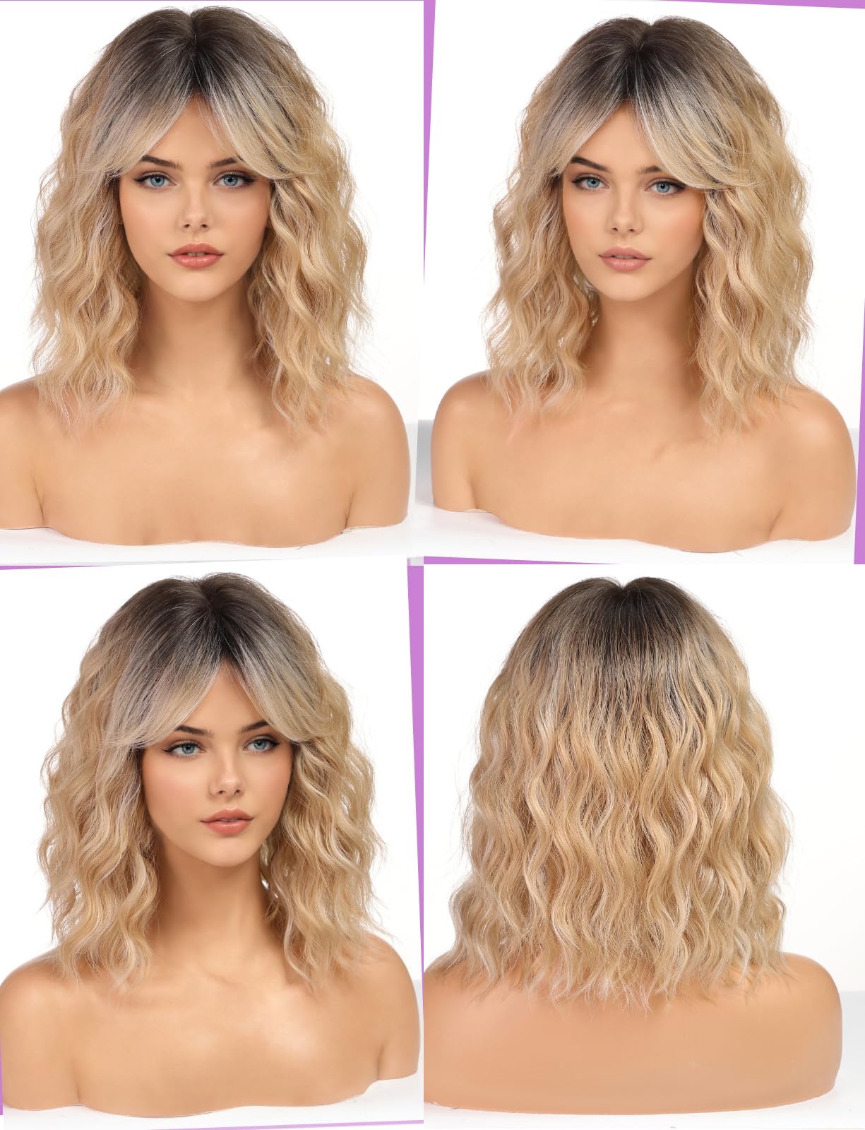 WOKESTAR Bob Curly Wig with Fringe, Short Synthetic Wavy Wigs for Women Honey Blonde Color, 22 pollici - Image 2