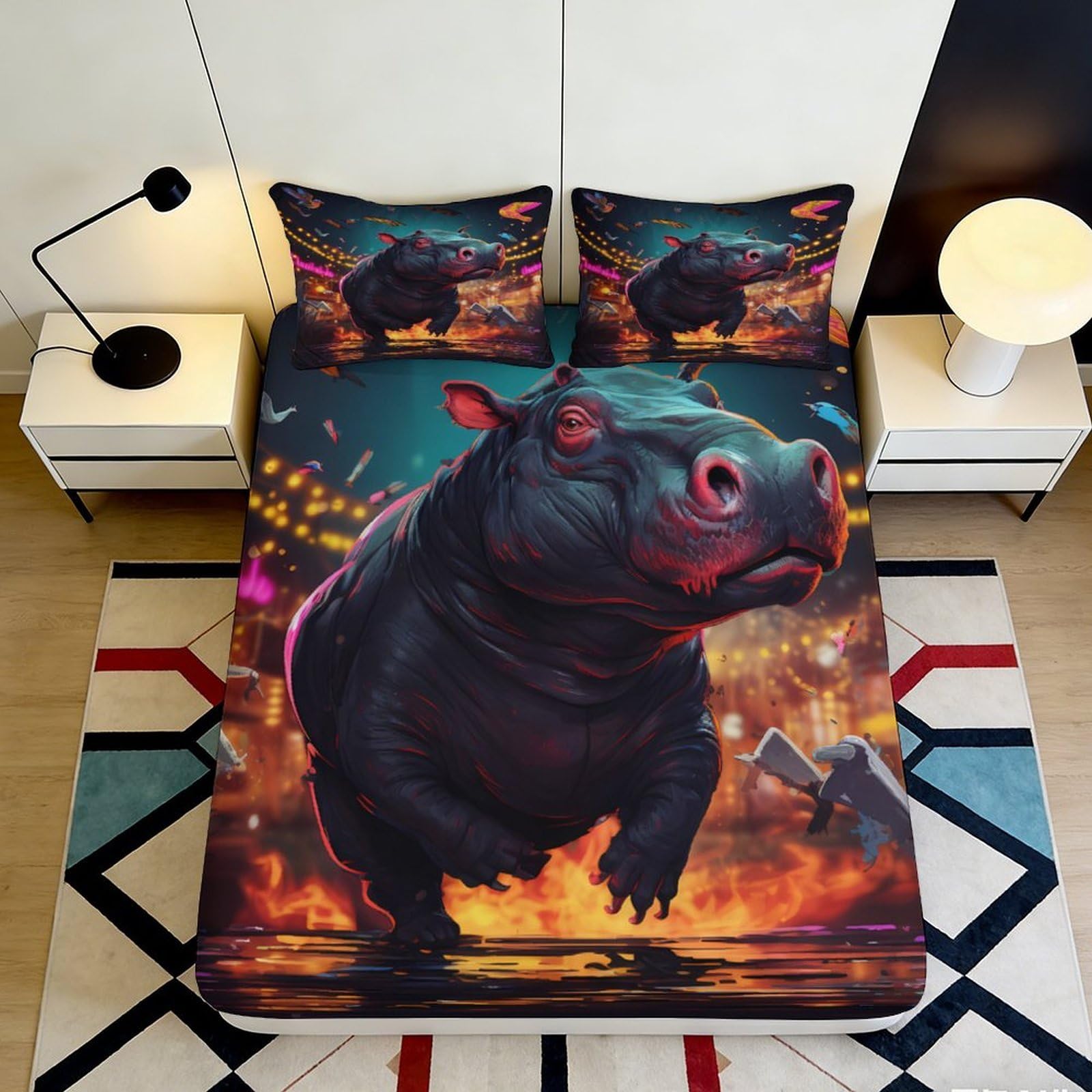 3D Printed Cartoon Hippo Fitted Sheet Microfiber Deep Pocket Hippo Mattress Fitted Cover Non-Slip Elastic Hem for Bedroom 200x200x25cm