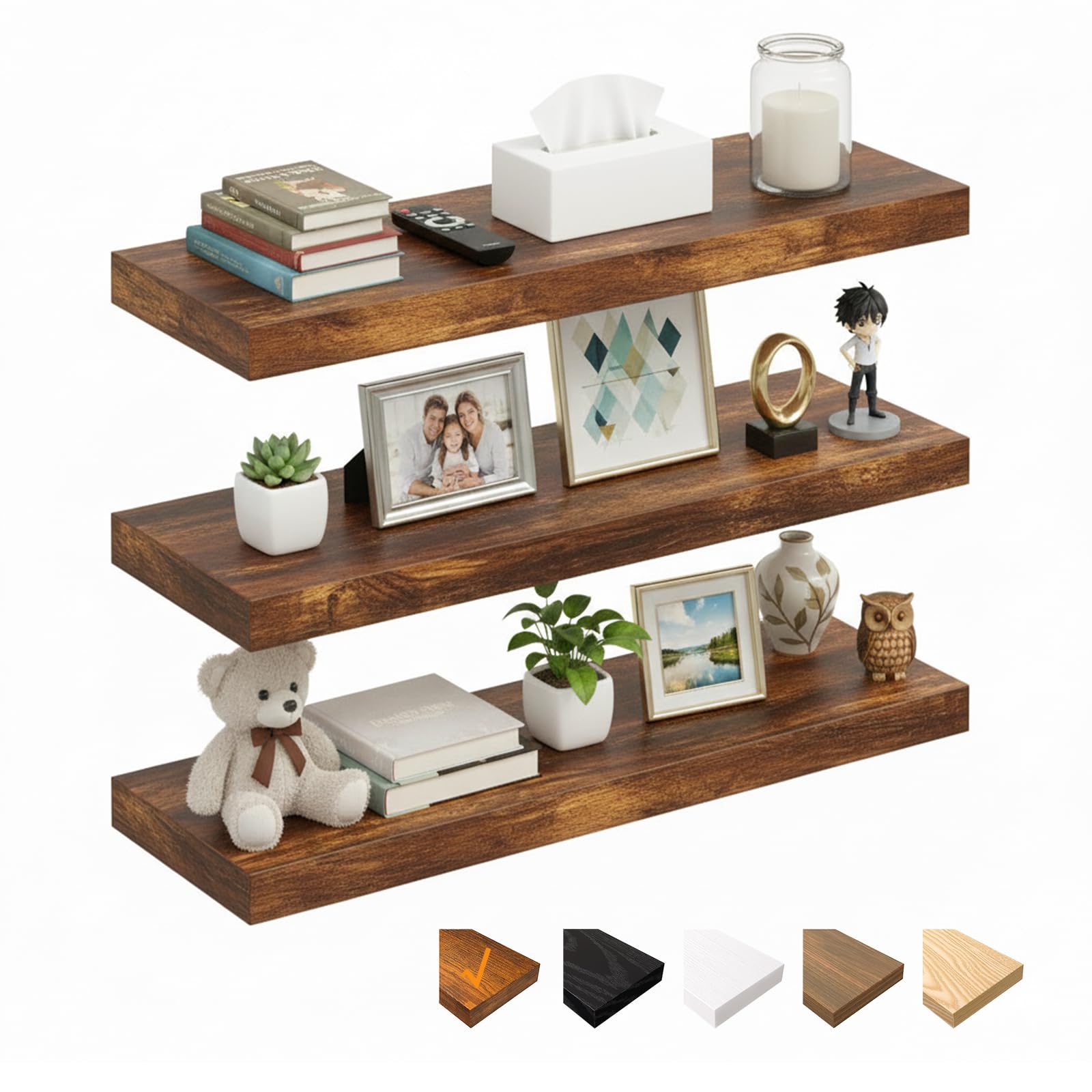 RICHER HOUSE 60cm Floating Shelves for wall, Brown Wall Shelves with Invisible Brackets, Wooden Shelves MDF for Bathroom, Bedroom, Office, Living Room, Kitchen, Set of 3, 60 x 23.5 x 3.8 cm
