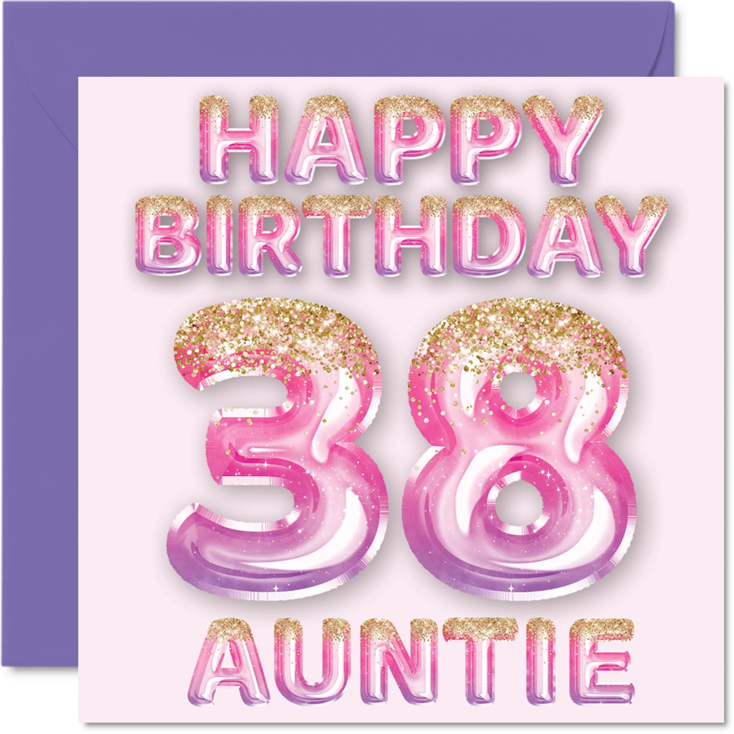 38th Birthday Card for Auntie - Pink & Purple Glitter Balloons - Happy Birthday Cards for 38 Year Old Aunt Aunty from Nephew Niece, 145mm Bday Greeting Cards Gift