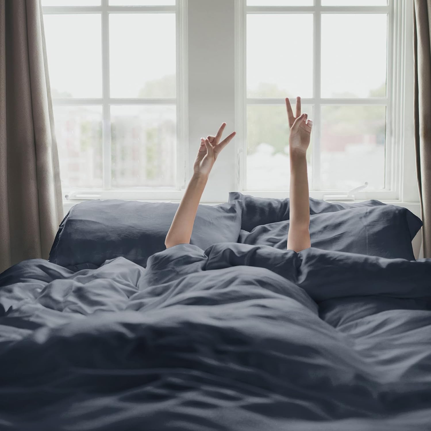 KICKEE Sheet Set, 100% Viscose from Bamboo, Sateen Weave, Silky Soft Bedding for Heavenly Comfort, Best 300 Thread Count (Blue Suede, CA King)