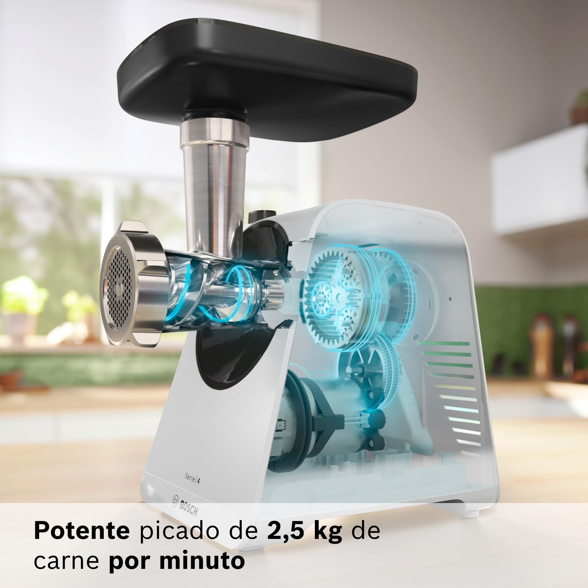 Bosch - Picador de carne, MultiPower, Serie 4, 1900 W, Molinillo, Accesorio para salchichas, Blanco, MFWS420W