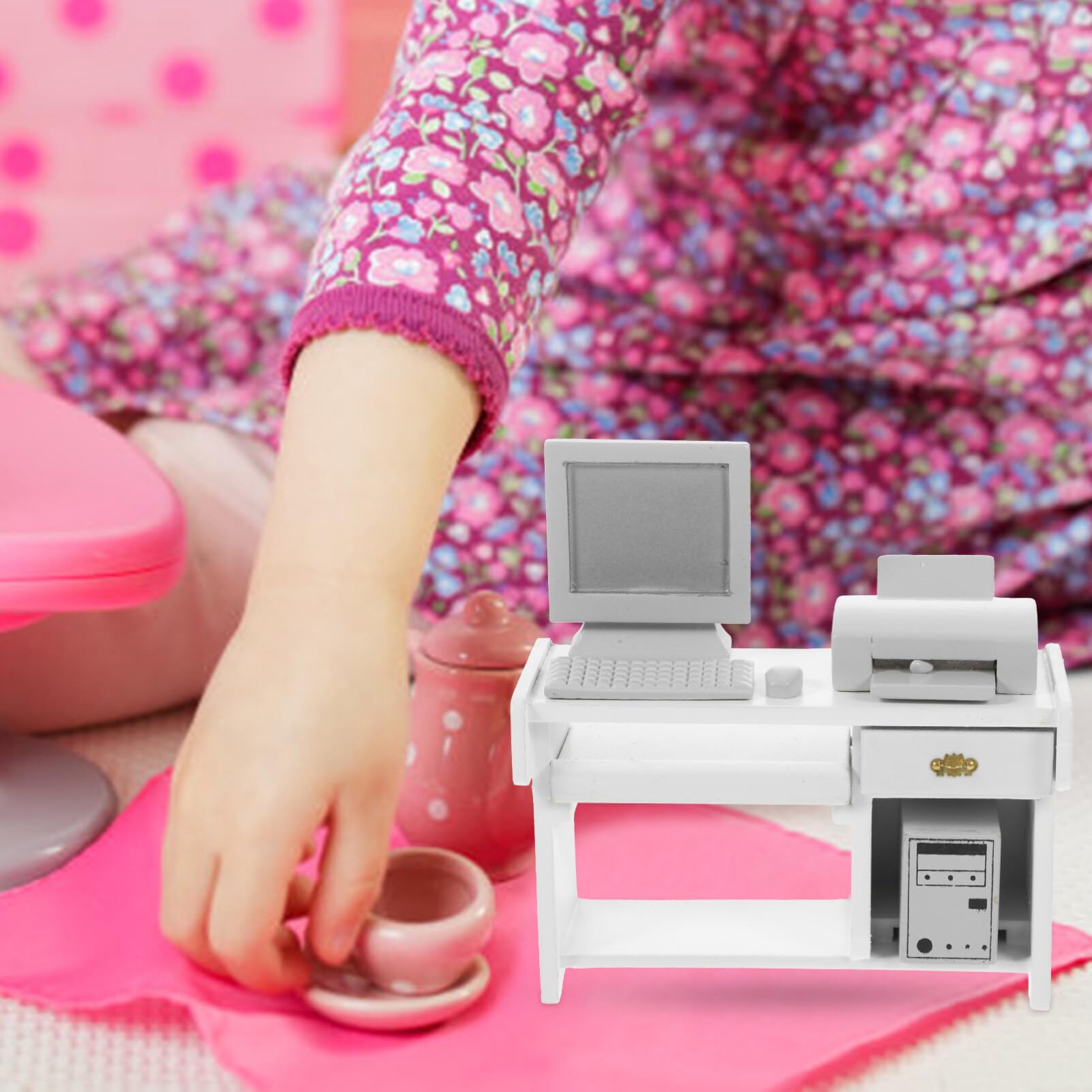 TOYANDONA 1 Set in Legno Computer Stampante Decorazioni Accessori Scrivania in Miniatura Modello Mini Scrivania Scrivania Scrivania Giocattoli Miniatura Mobili da Ufficio Bianco