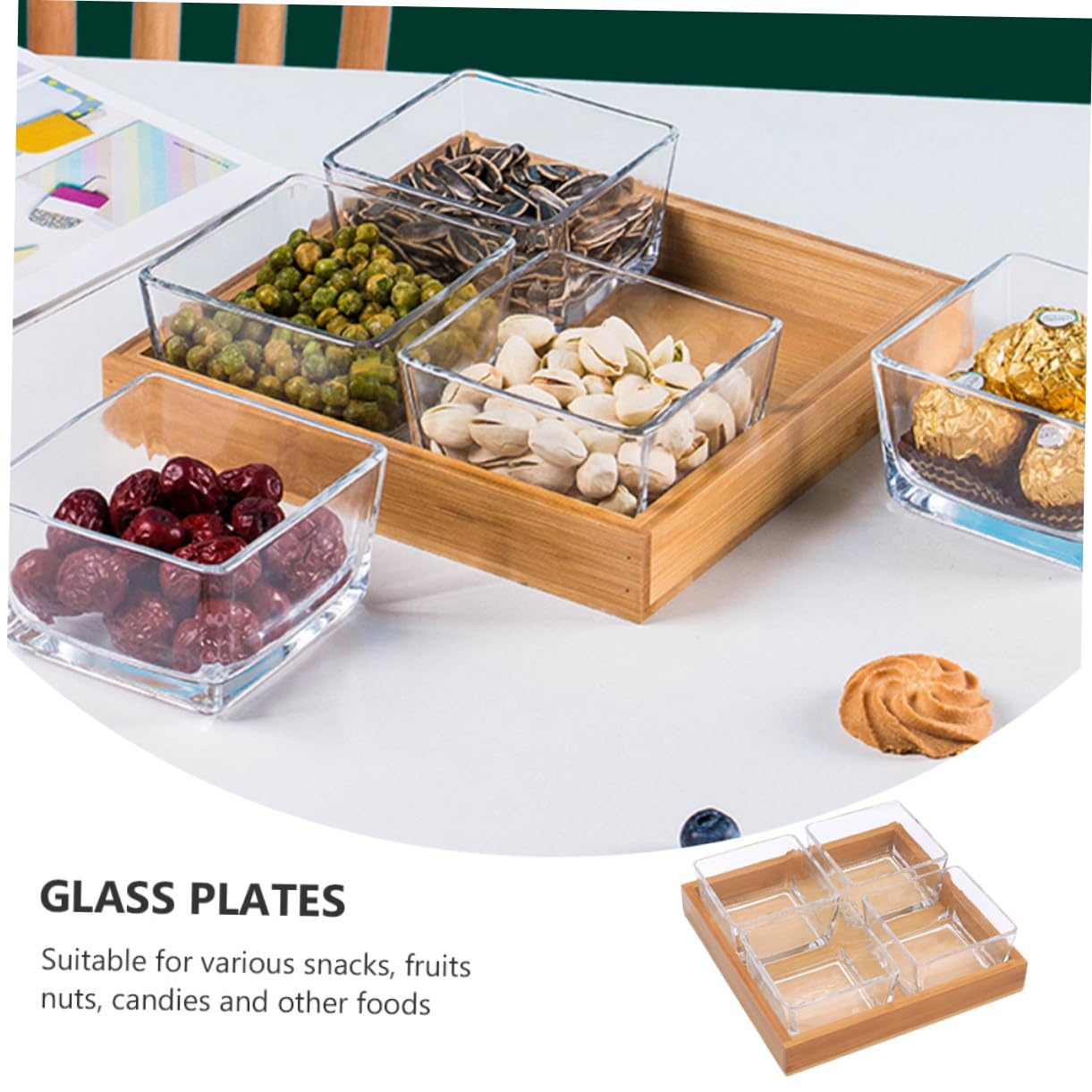 BESTYASH Unterteilter Glas Snackteller mit Holzhalter, 1 Satz | Nüsse und Snacks, Geordnete Fächer, Glas und Holz im Kompakten Format Zufällige Farbe