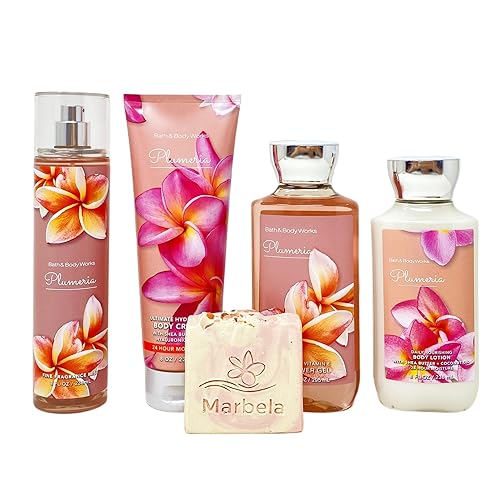 Bath & Body Works Plumeria Deluxe Set de regalo, fragancia en niebla, crema corporal, gel de ducha, loción corporal, con jabón en barra de sales del