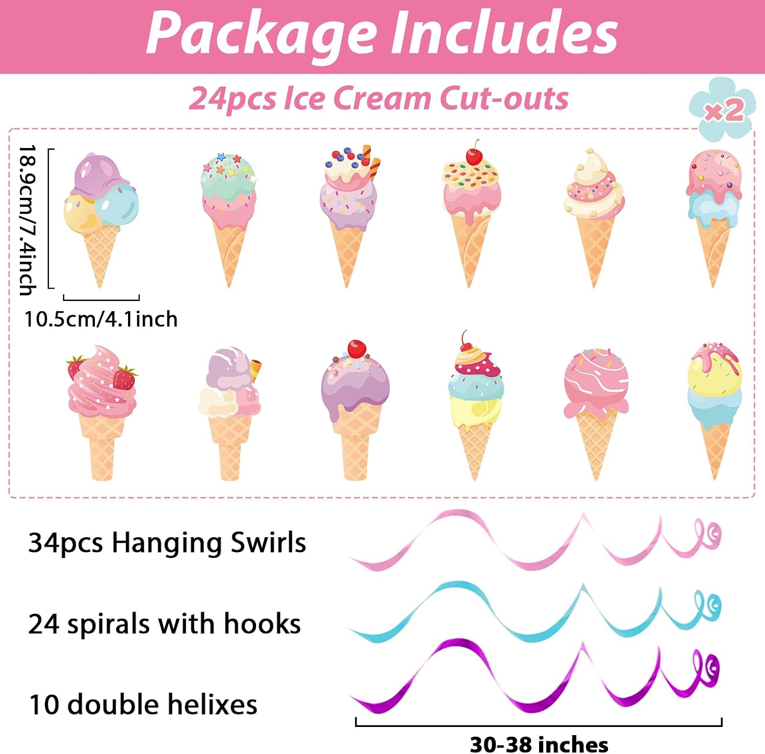 Chunnin 58Pcs Ice Cream Party Hanging Swirls Ice Cream Birthday Party Decoration Summer Creams Theme Ceiling Streamers Colorful Swirl Dessert Cone Streamers for Christmas Holidays Baby Shower Supplies