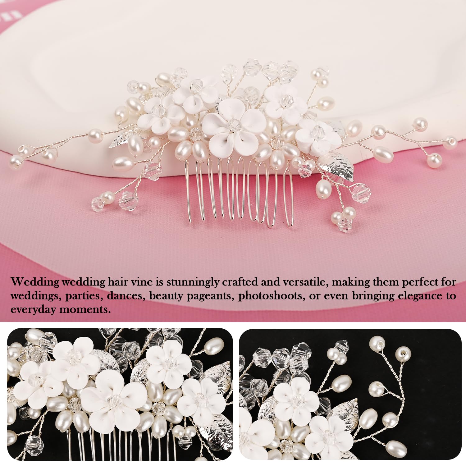 Bridal Wedding Hair Combs, Crystal Hairpiece Flower Hair Vines for Weddings and Special Occasions(silver) - Image 3