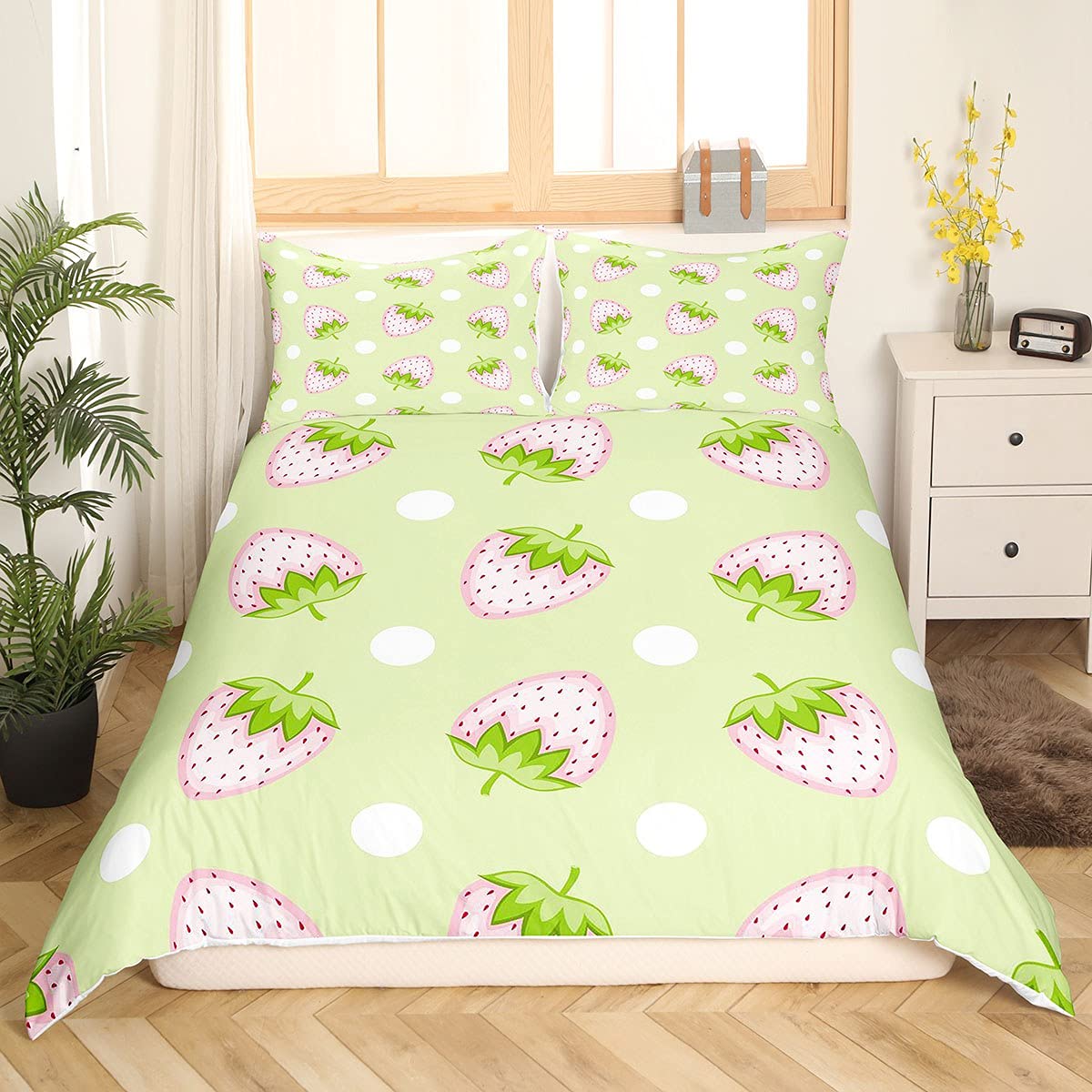 Set Biancheria Da Letto Bambine Motivo Fragole - Microfibra Rosa, Super King Size, 1 Copripiumino + 2 Federe