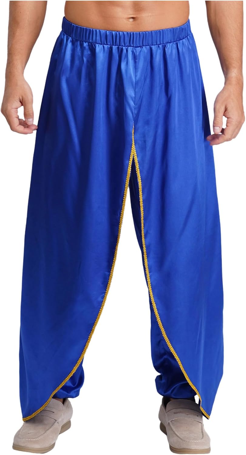iiniim Men Satiny Irregular Overlay Harem Pants Indian Dhoti Drawstring Elastic Waistband Lantern Pants